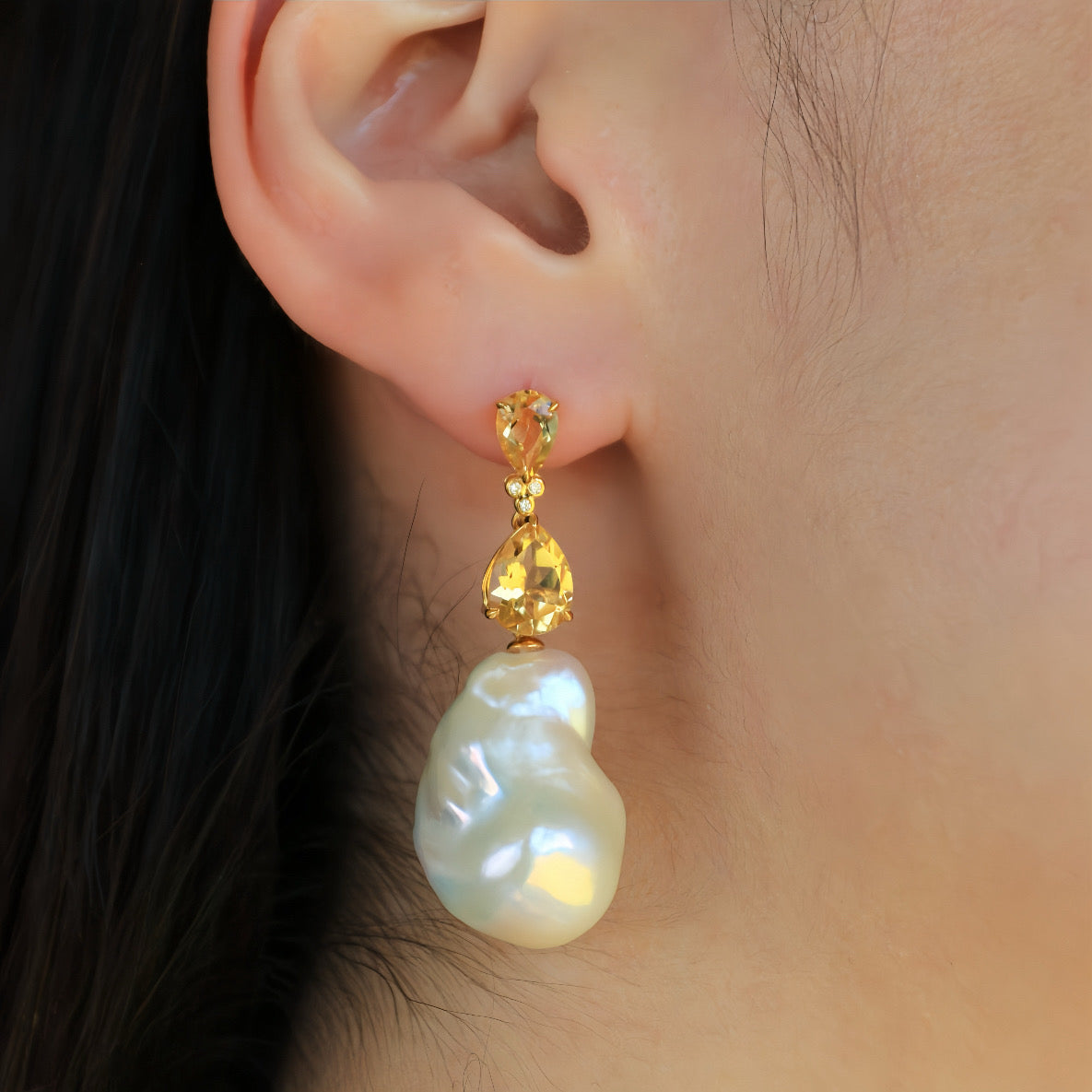 Divina Pear Citrine Diamond Baroque Pearl Convertible Drop Earrings