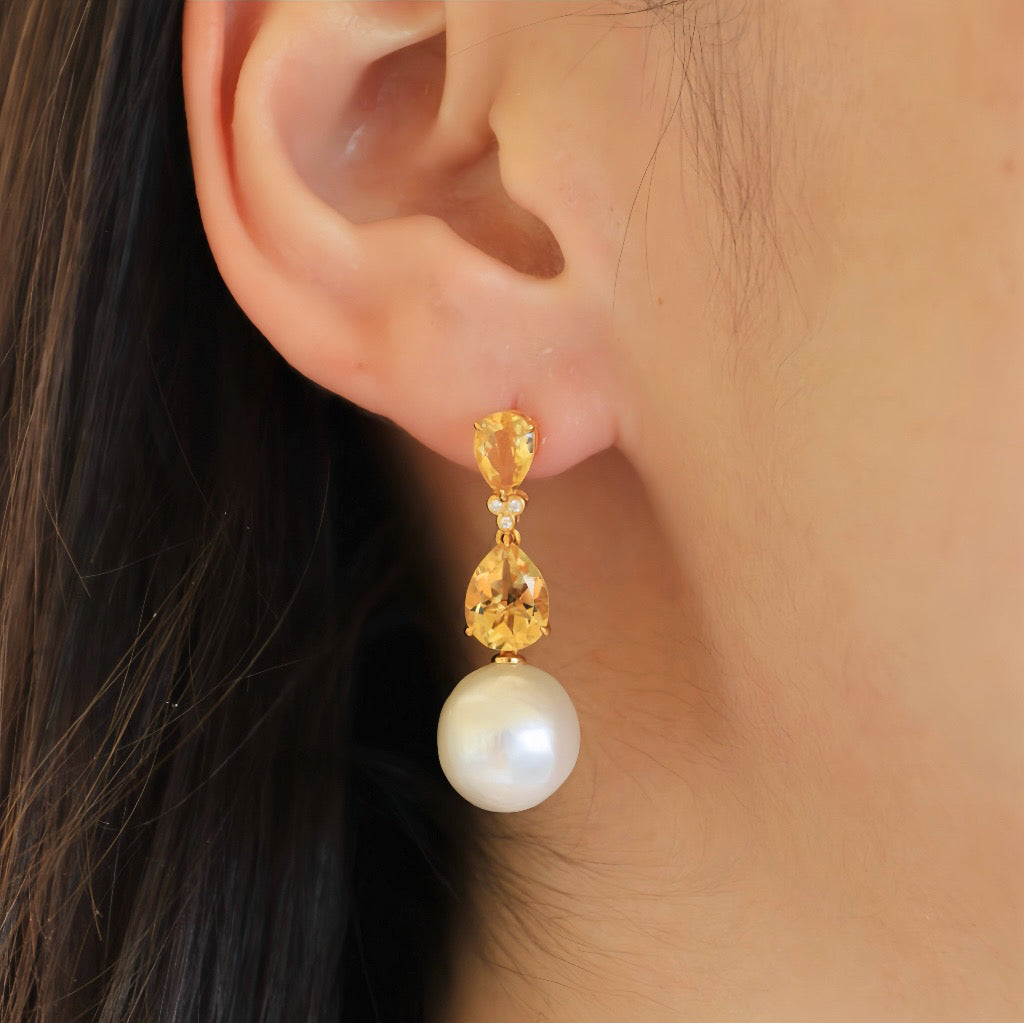 Divina Pear Citrine Diamond Pearl Convertible Drop Earrings