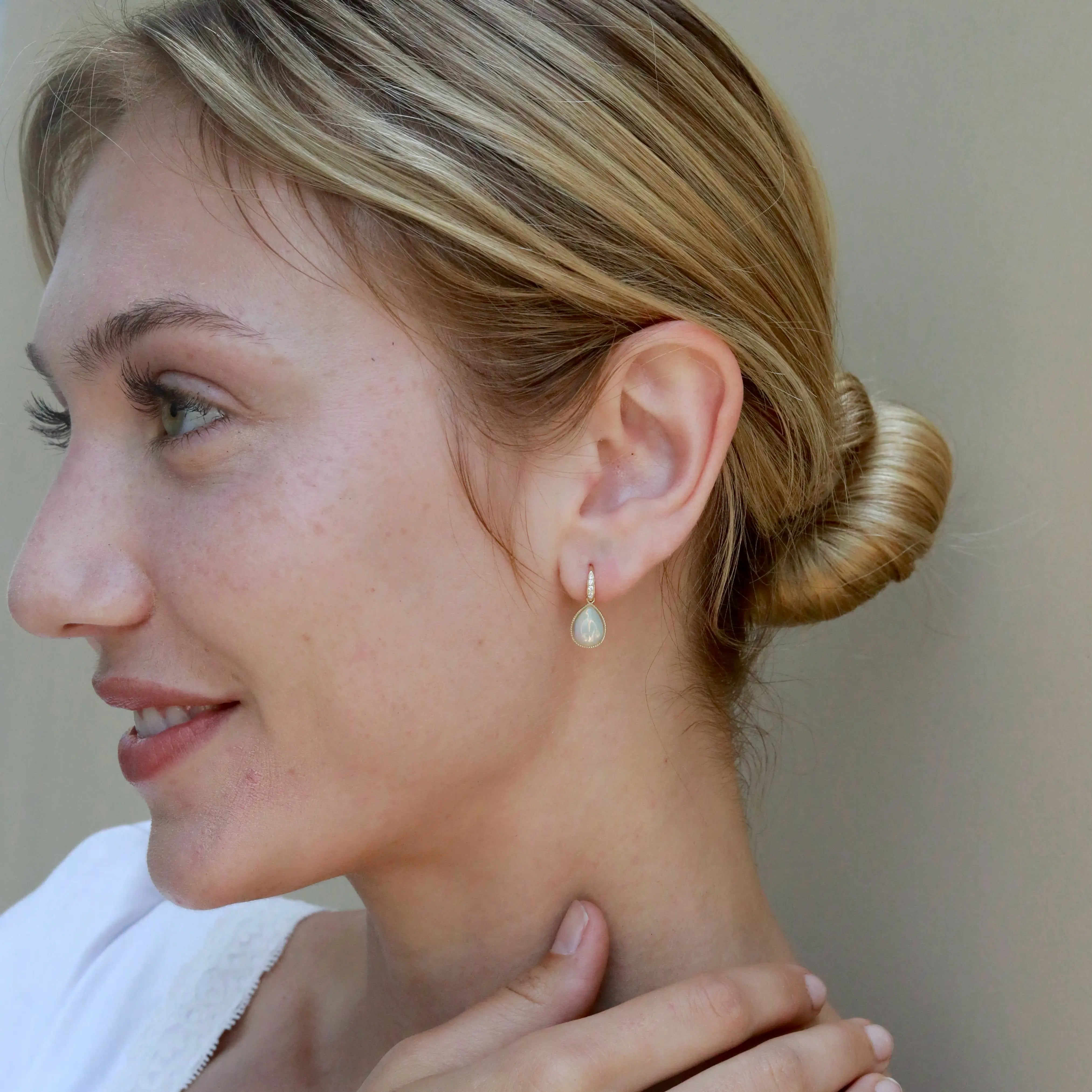 Aurora Pear Natural Fire Opal Diamond Drop Earrings 14k yellow gold