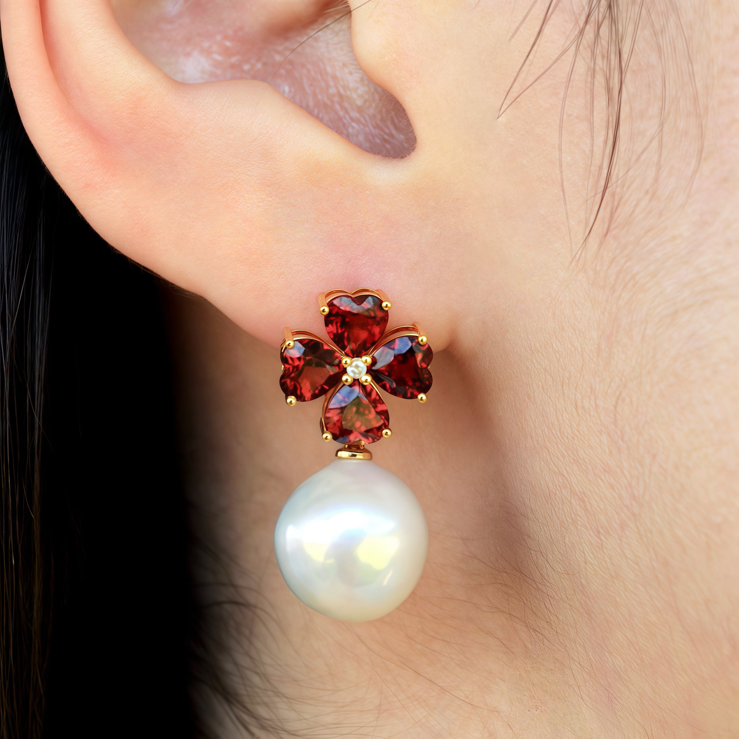 Felicia Garnet Diamond Clover Pearl Convertible Drop Earrings