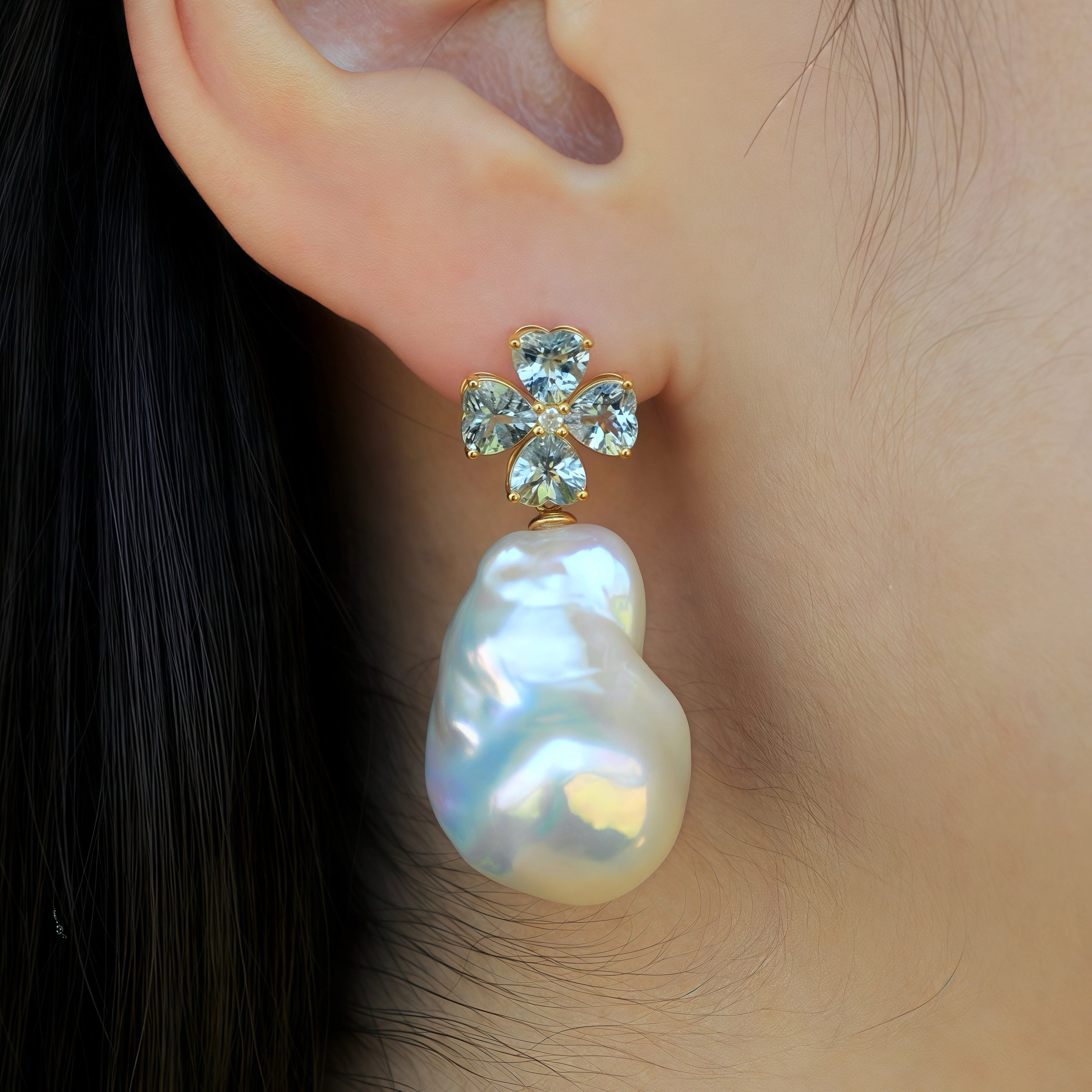 Felicia Aquamarine Diamond Clover Baroque Pearl Convertible Drop Earrings