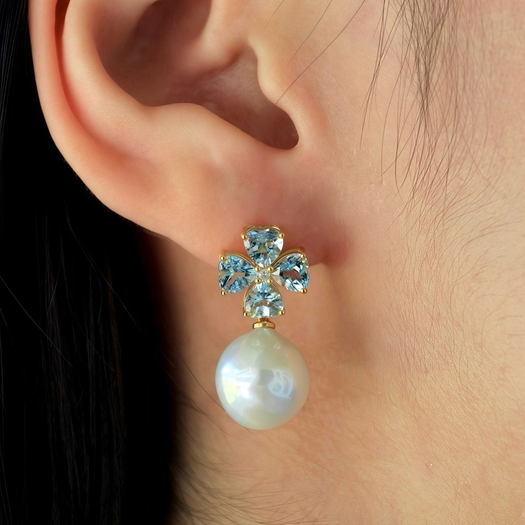 Felicia Aquamarine Diamond Clover Pearl Convertible Drop Earrings