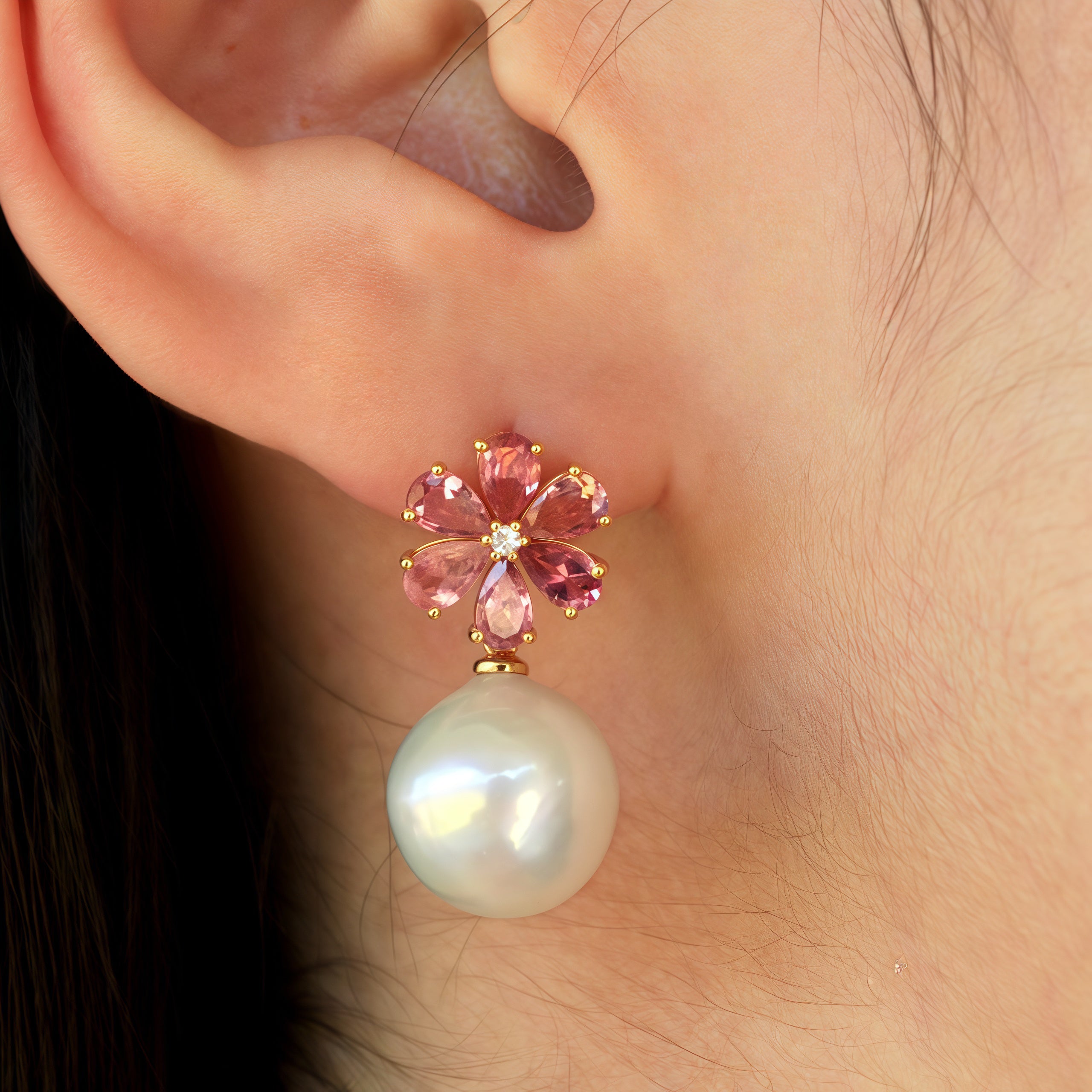 Flora Blossom Pink Tourmaline Diamond Pearl Convertible Drop Earrings