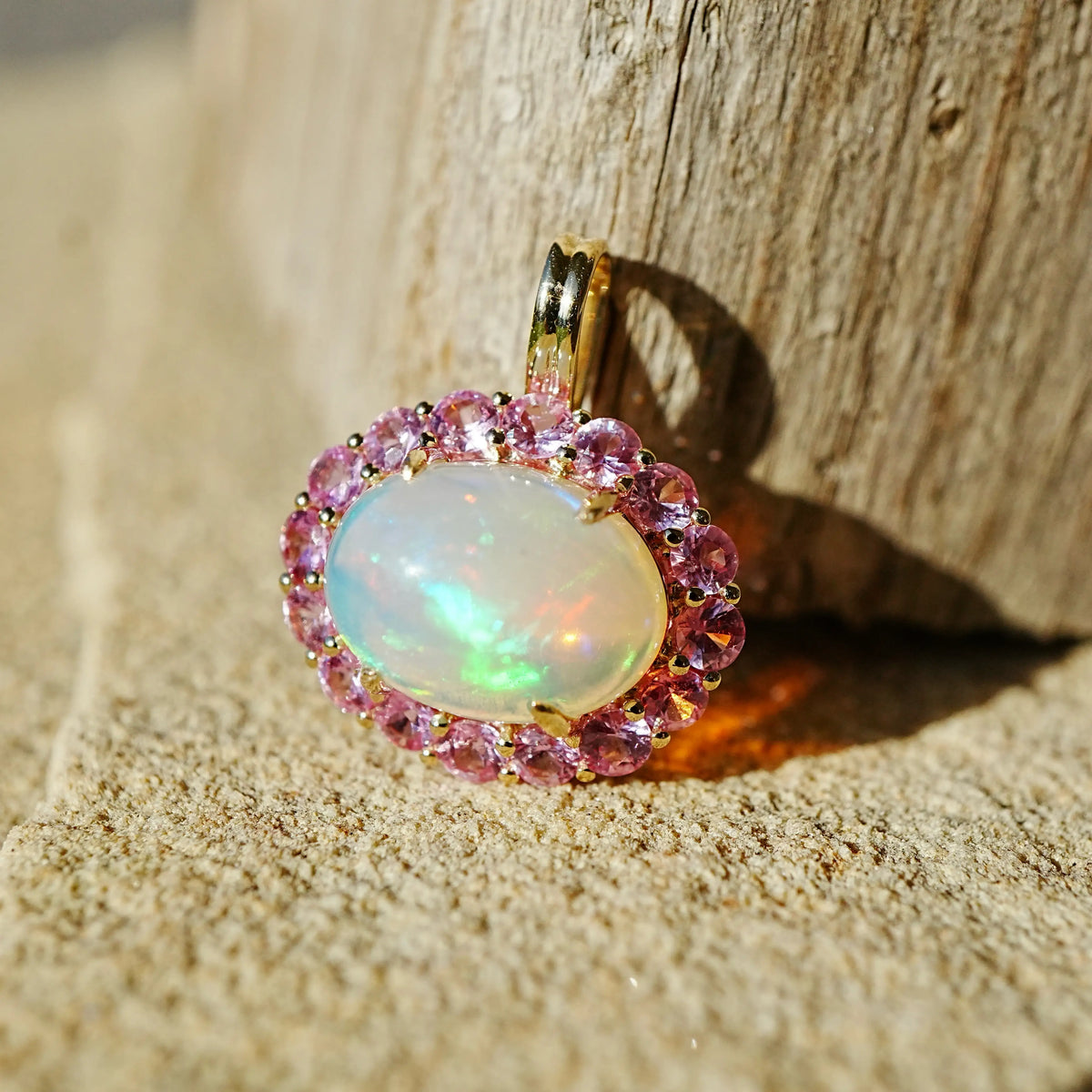 14k yellow gold Eden Halo 4.12 ctw Natural Opal & Pink Sapphire Diamond Lock Paperclip Chain Necklace (One-of-a-Kind)