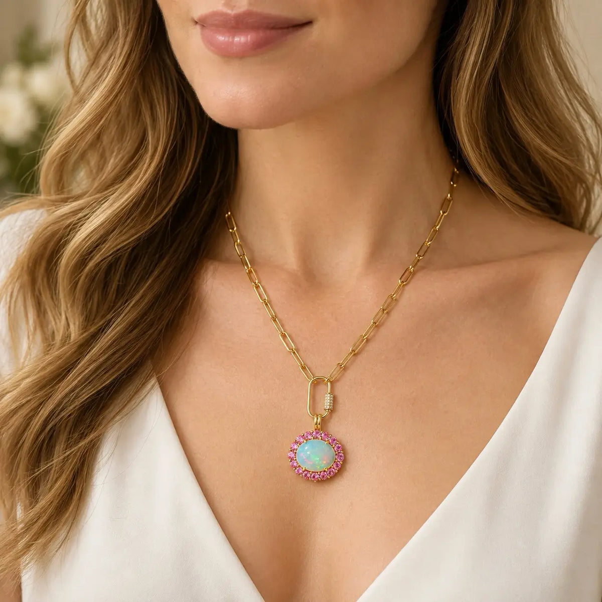 14k yellow gold Eden Halo 4.12 ctw Natural Opal & Pink Sapphire Diamond Lock Paperclip Chain Necklace (One-of-a-Kind)