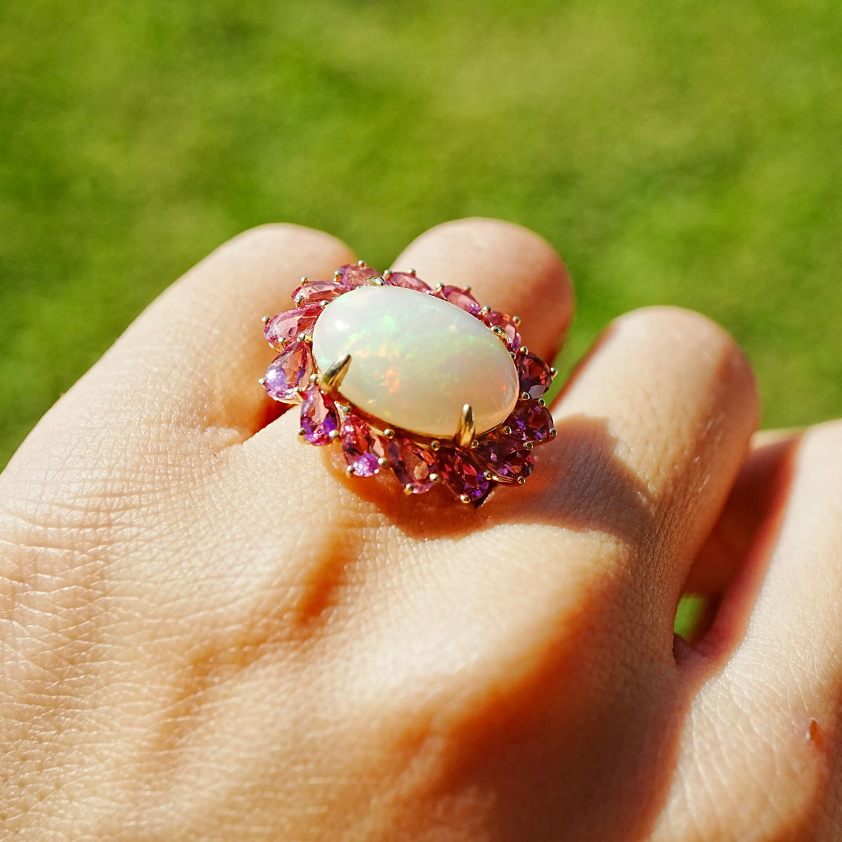 Sunlight Halo 7.03 ctw Natural Opal & Pink Tourmaline East-West Ring (One-of-a-Kind)