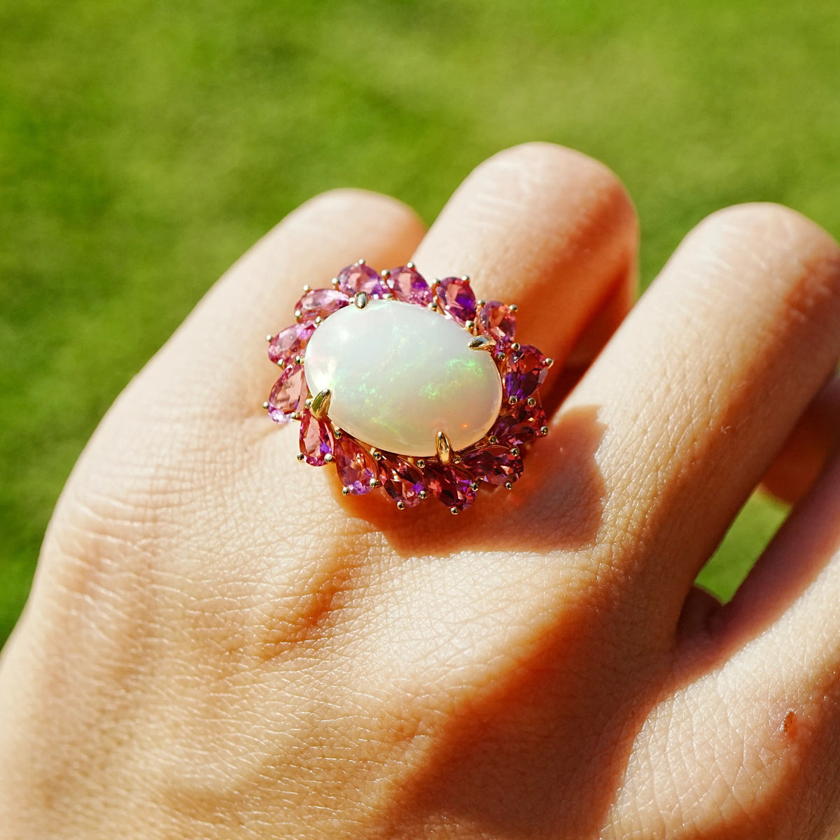 Sunlight Halo 7.03 ctw Natural Opal & Pink Tourmaline East-West Ring (One-of-a-Kind)