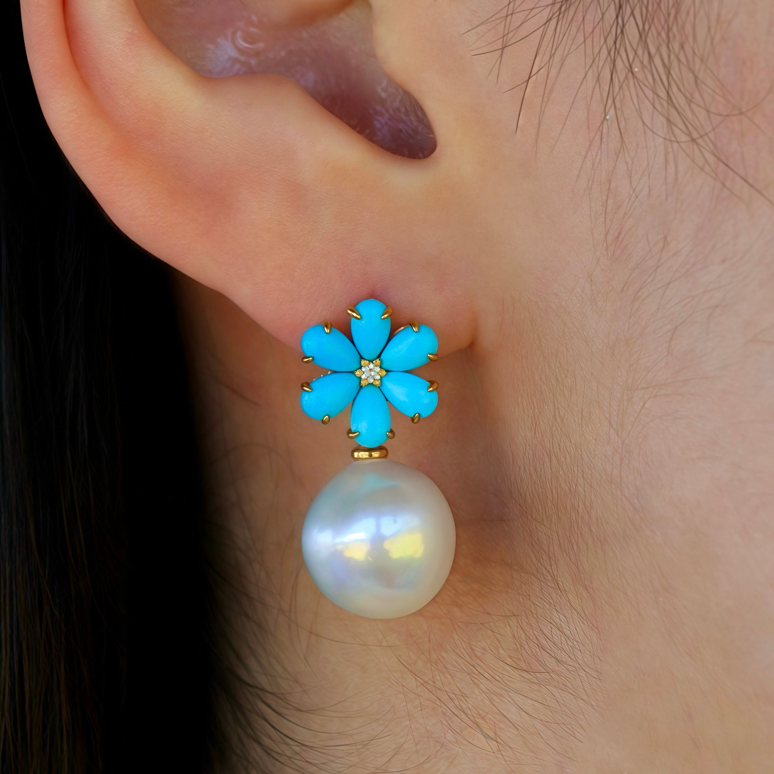 Flora Blossom Turquoise Diamond Pearl Convertible Drop Earrings