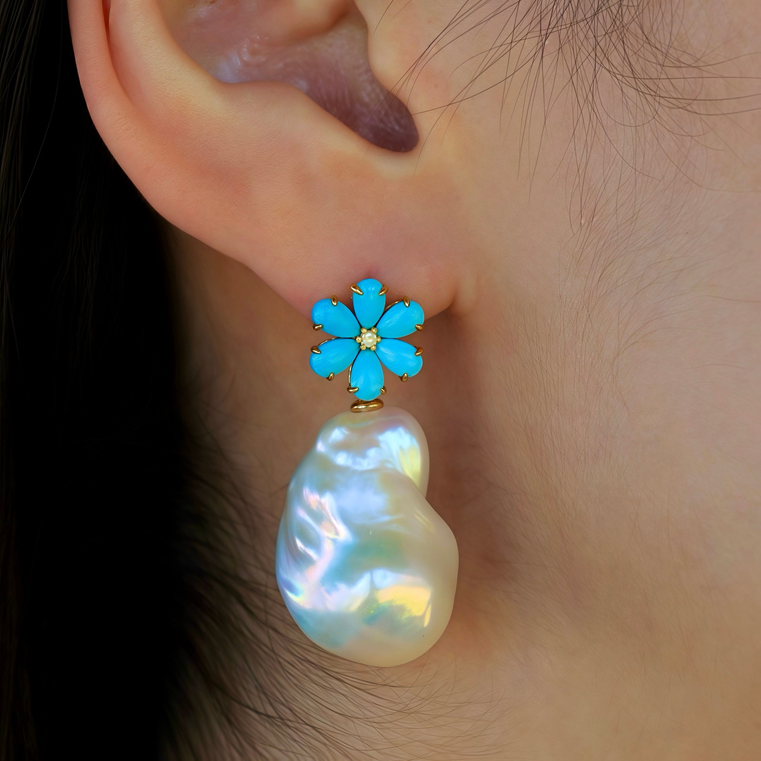 Flora Blossom Turquoise Diamond Baroque Pearl Convertible Drop Earrings