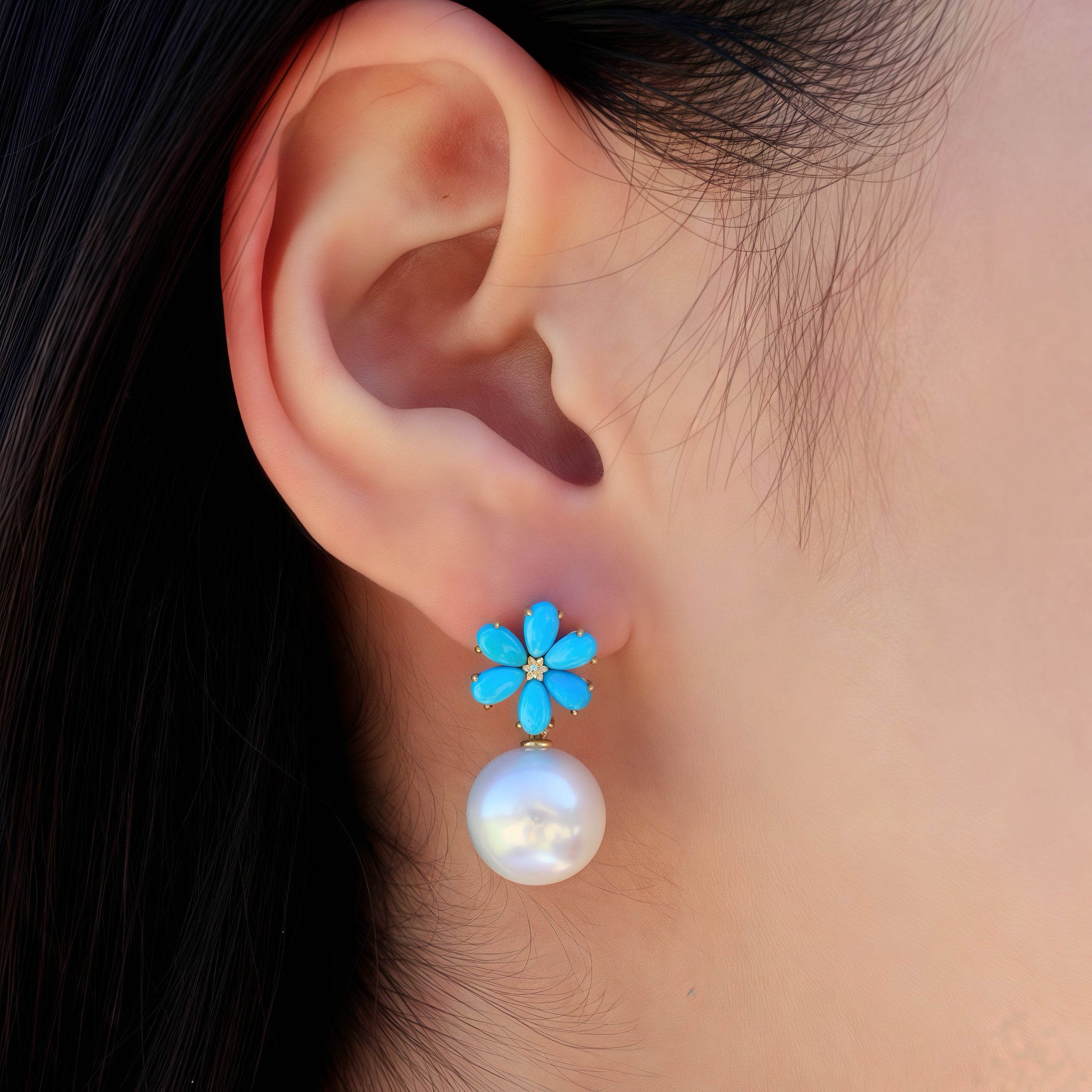 Flora Blossom Turquoise Diamond Pearl Convertible Drop Earrings