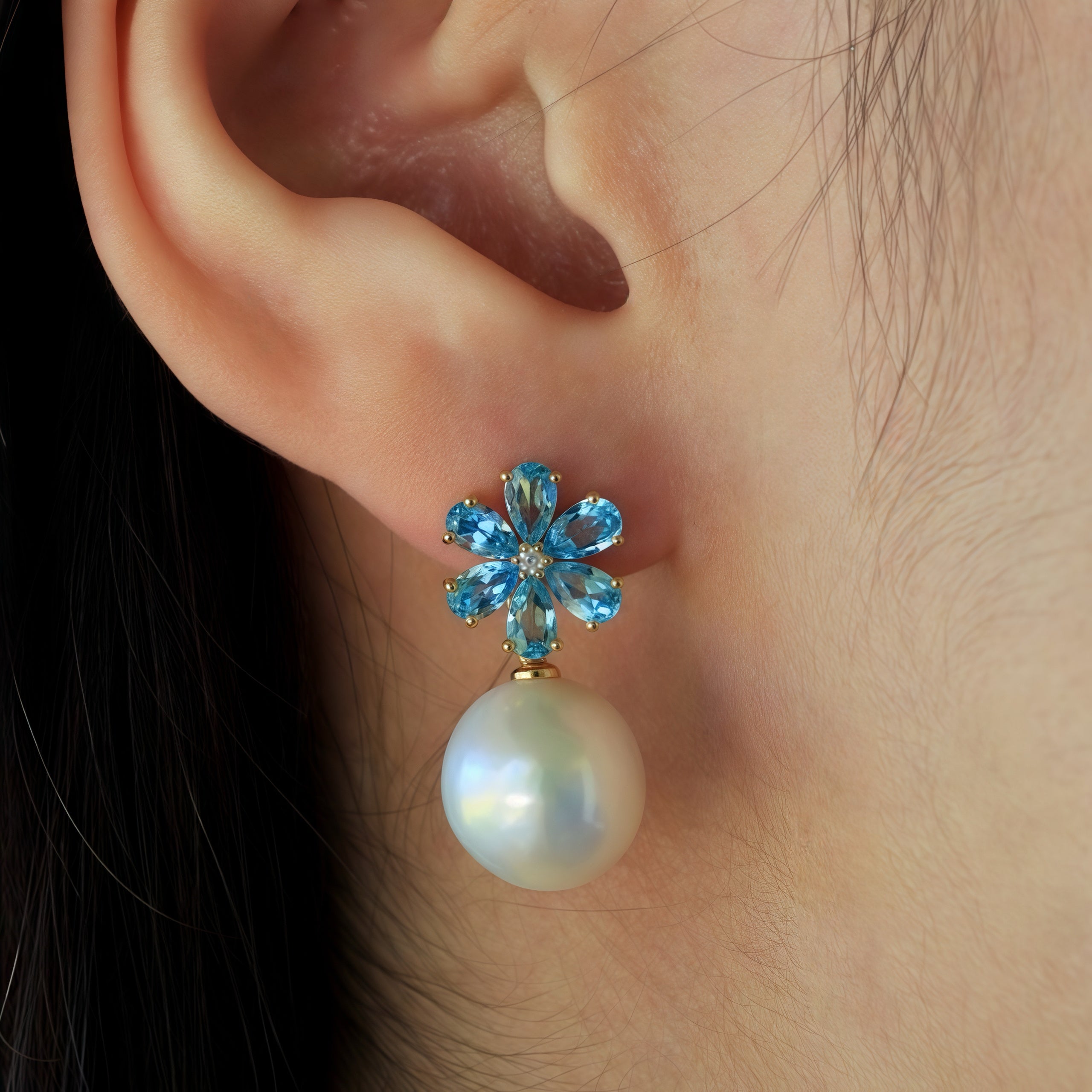 Flora Blossom Topaz Diamond Pearl Convertible Drop Earrings