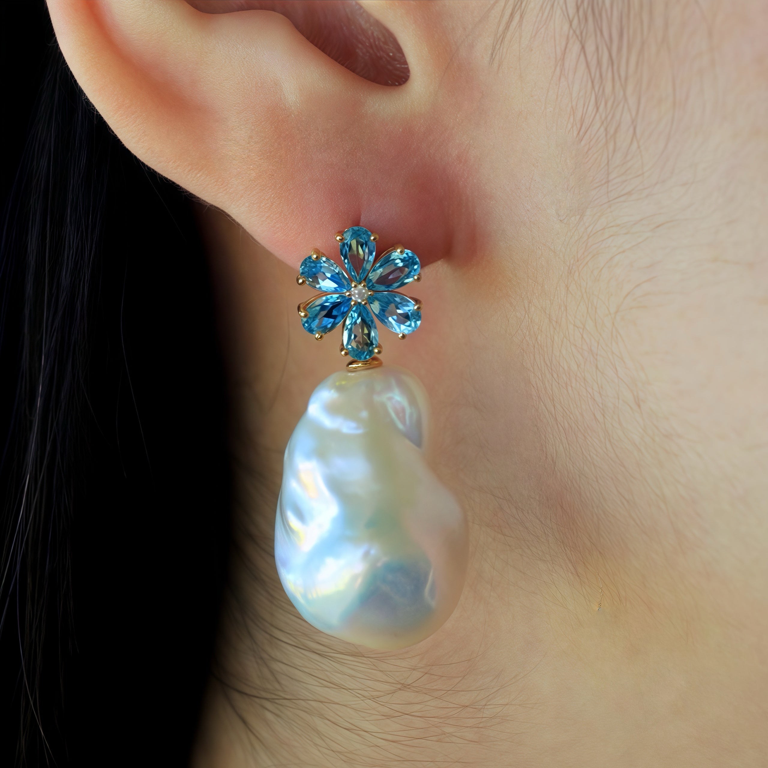 Flora Blossom Topaz Diamond Baroque Pearl Convertible Drop Earrings
