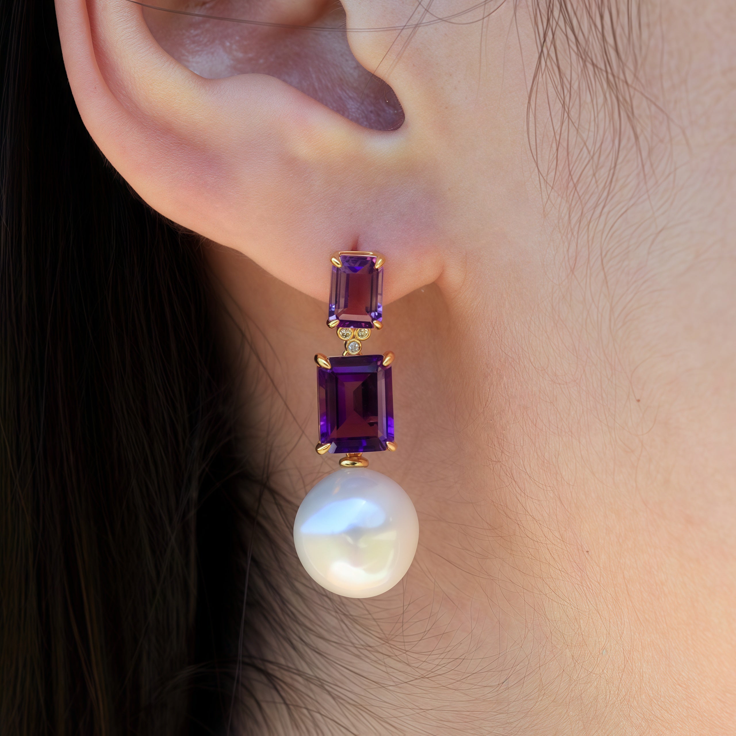 Divina Emerald-Cut Amethyst Diamond Pearl Convertible Drop Earrings