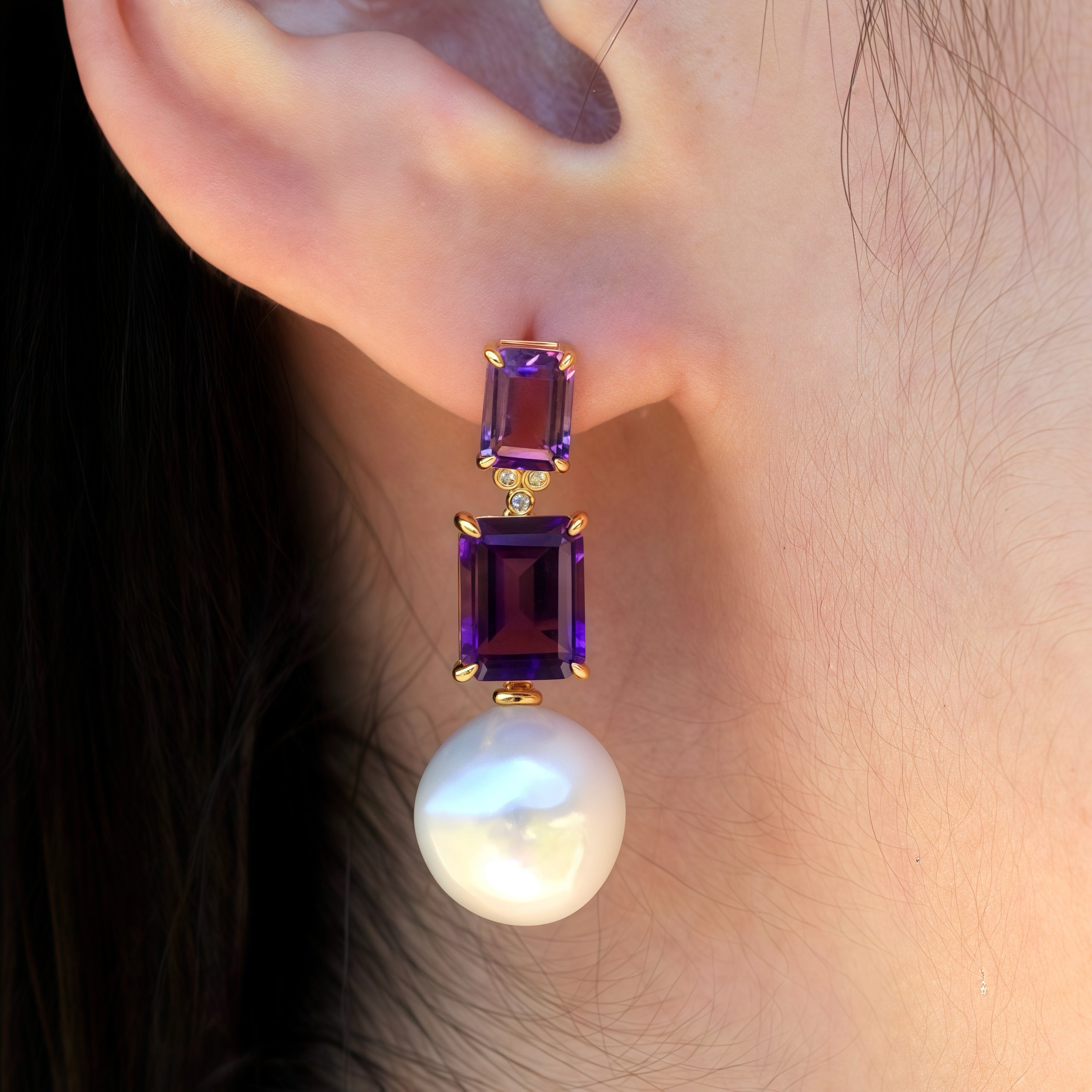 Divina Emerald-Cut Amethyst Diamond Pearl Convertible Drop Earrings