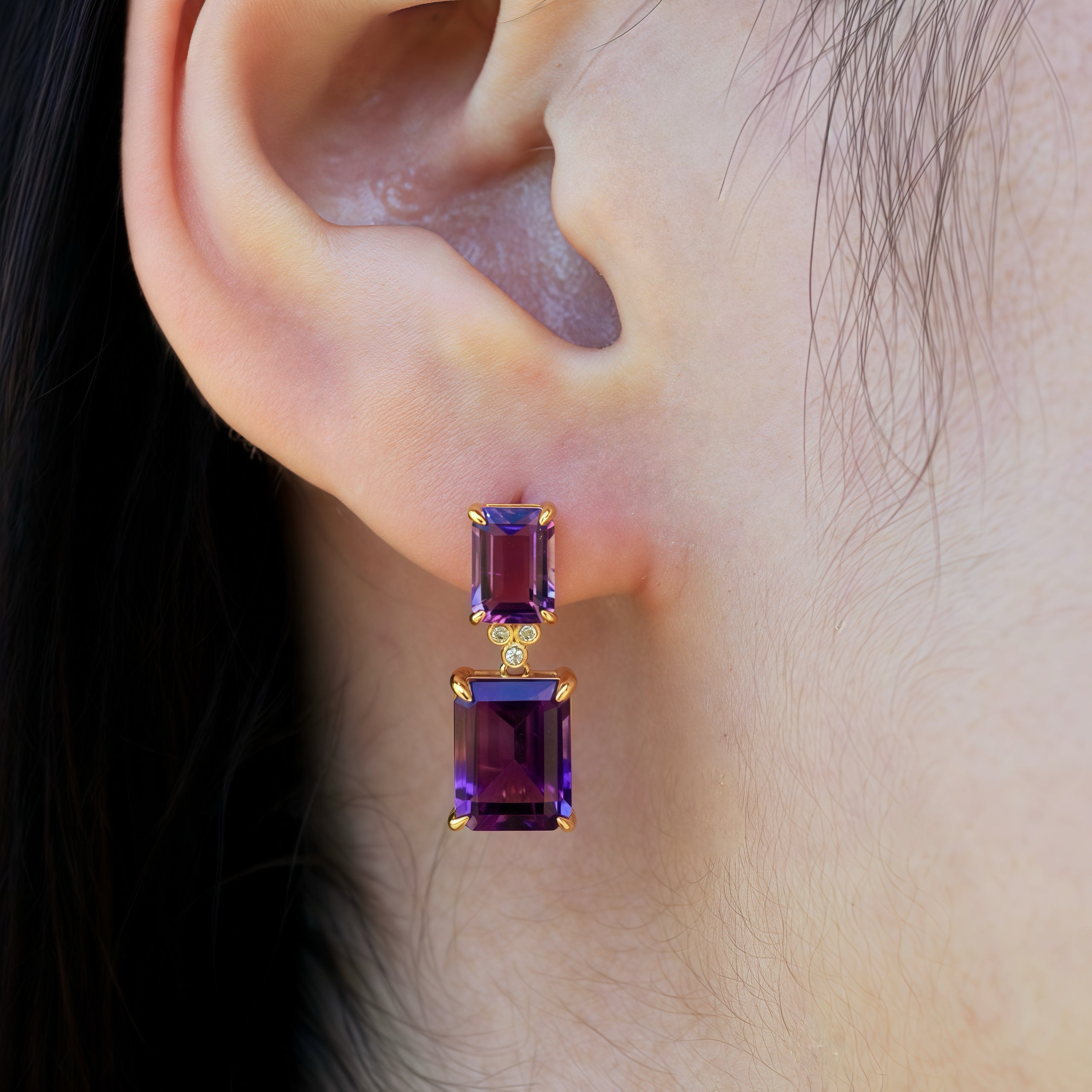 Divina Emerald-Cut Amethyst Diamond Drop Earrings