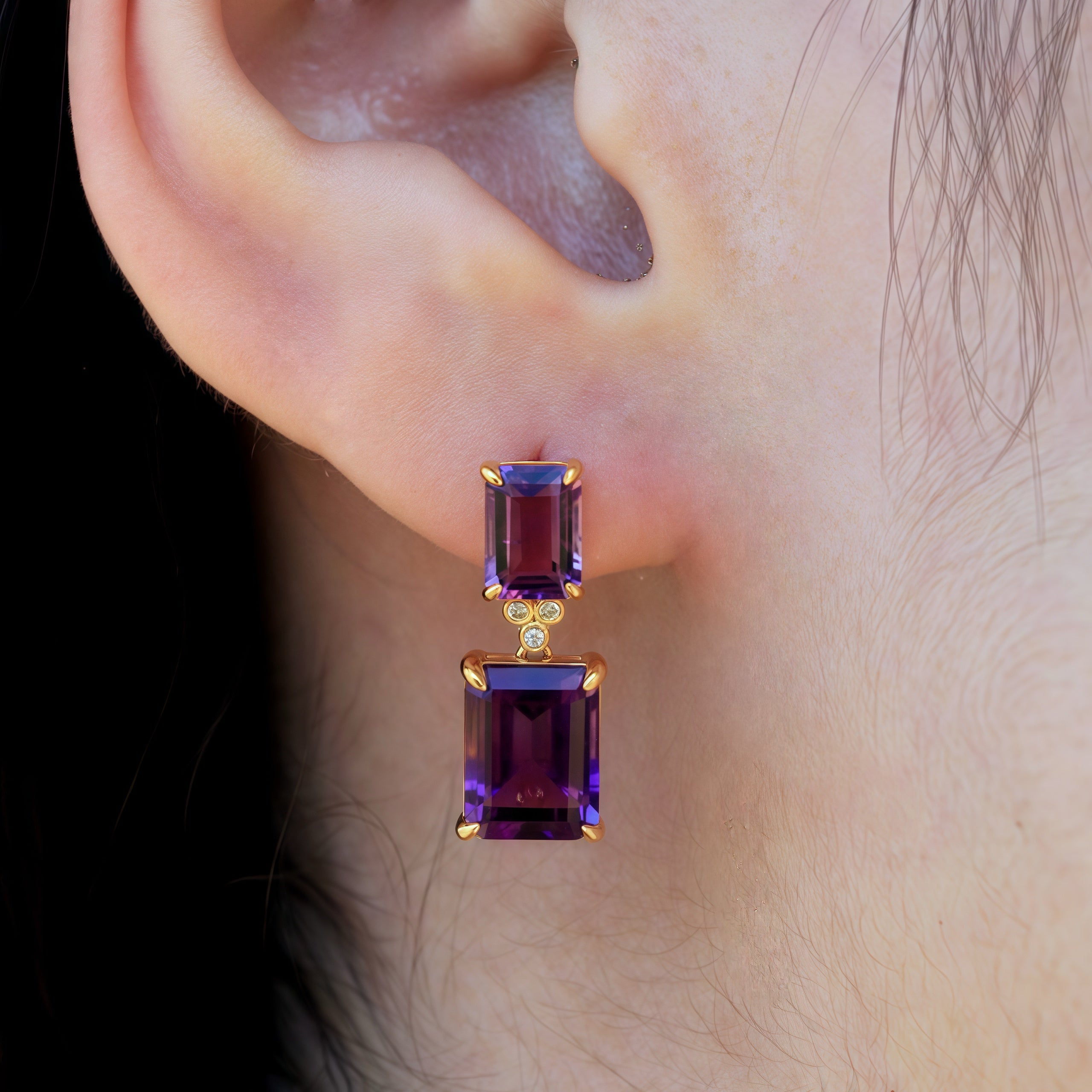 Divina Emerald-Cut Amethyst Diamond Pearl Convertible Drop Earrings