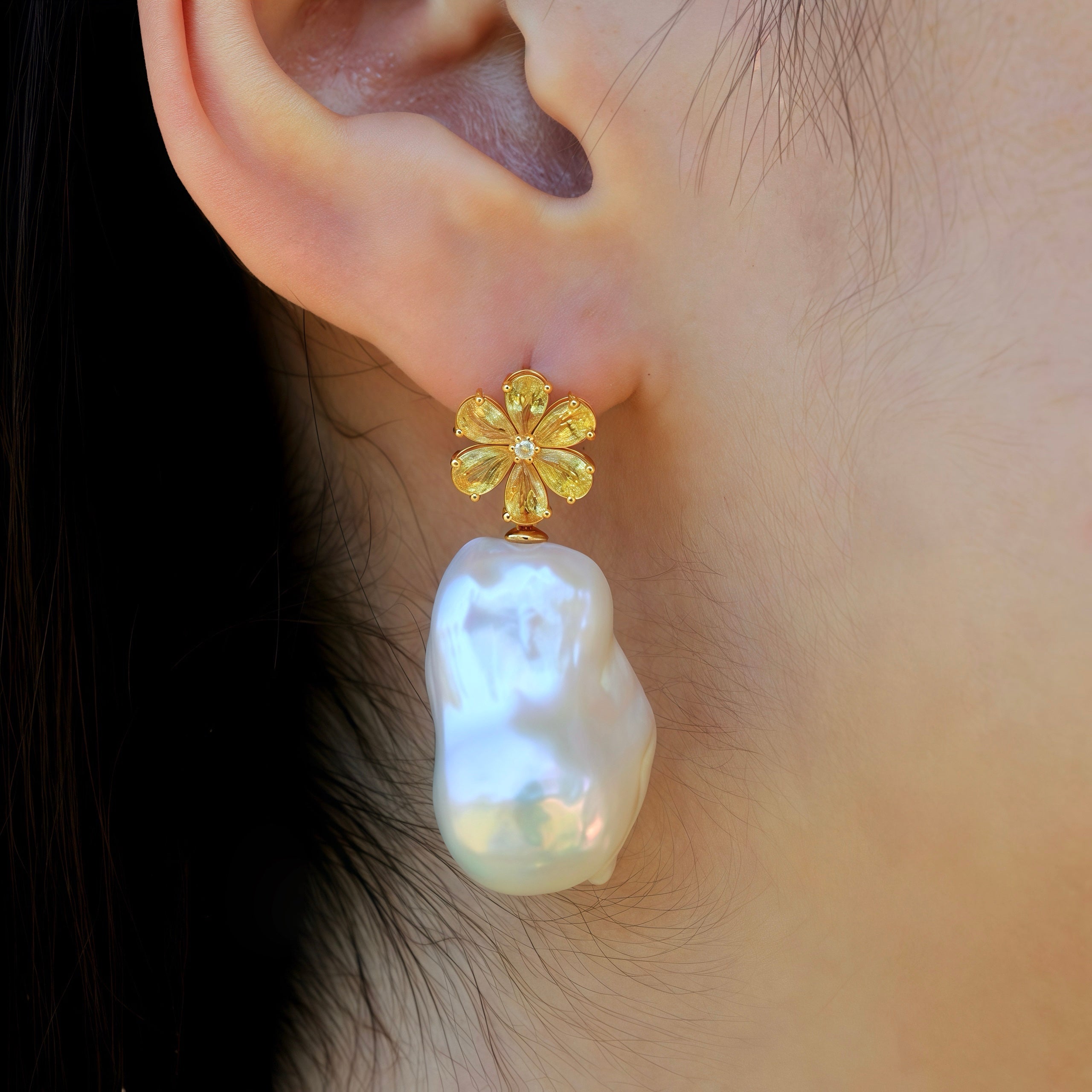 Flora Blossom Yellow Sapphire Diamond Baroque Pearl Convertible Drop Earrings