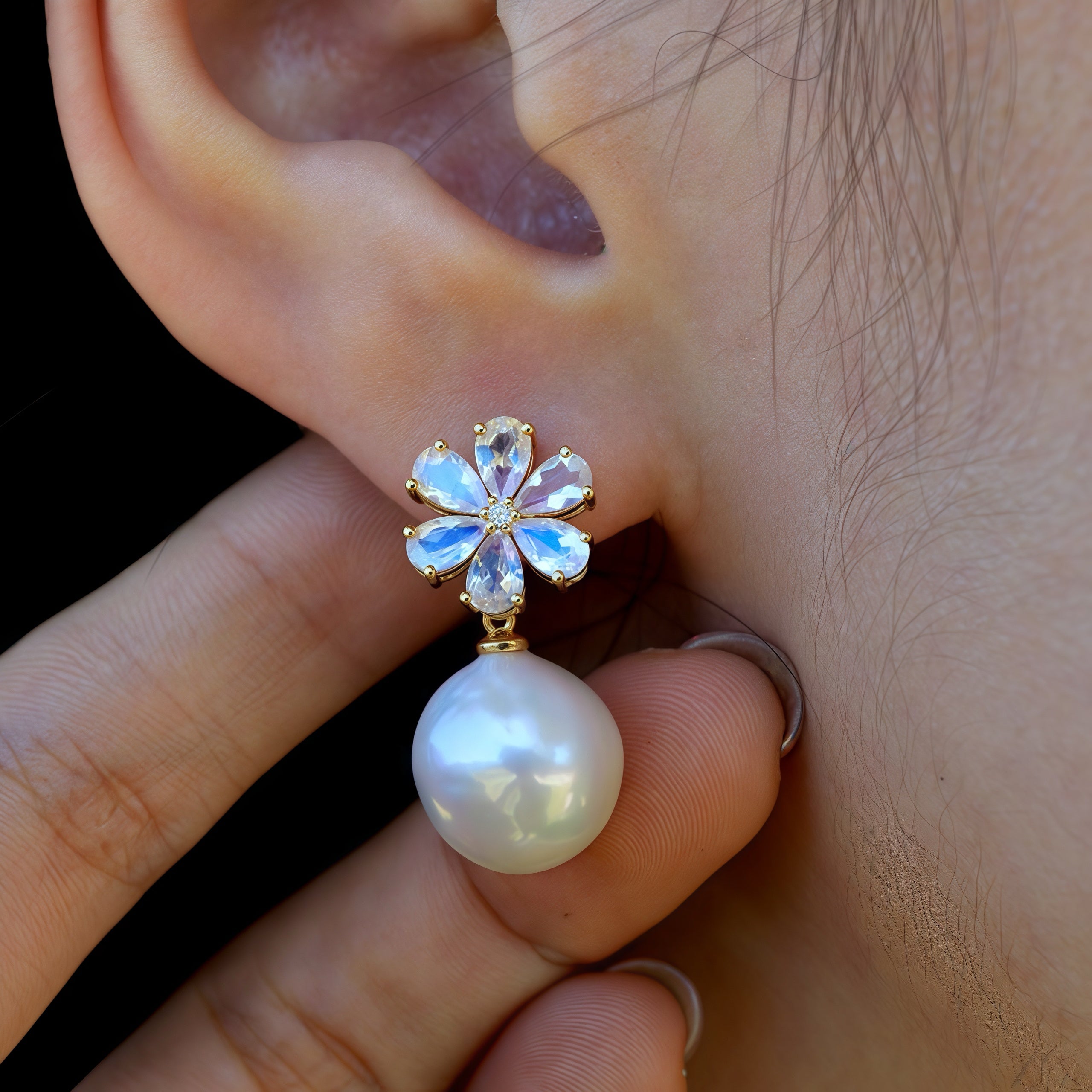 Flora Blossom Moonstone Diamond Pearl Convertible Drop Earrings