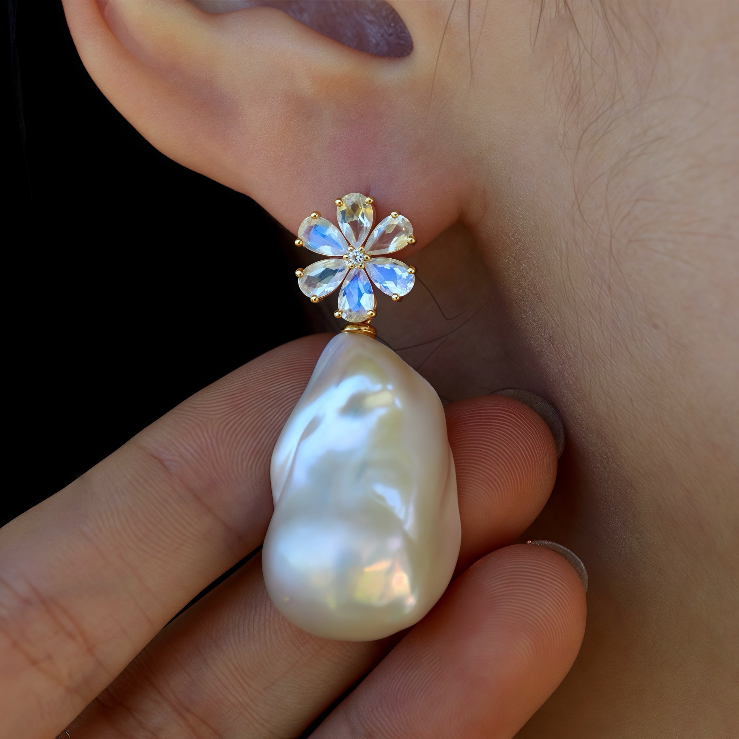 Flora Blossom Moonstone Diamond Baroque Pearl Convertible Drop Earrings