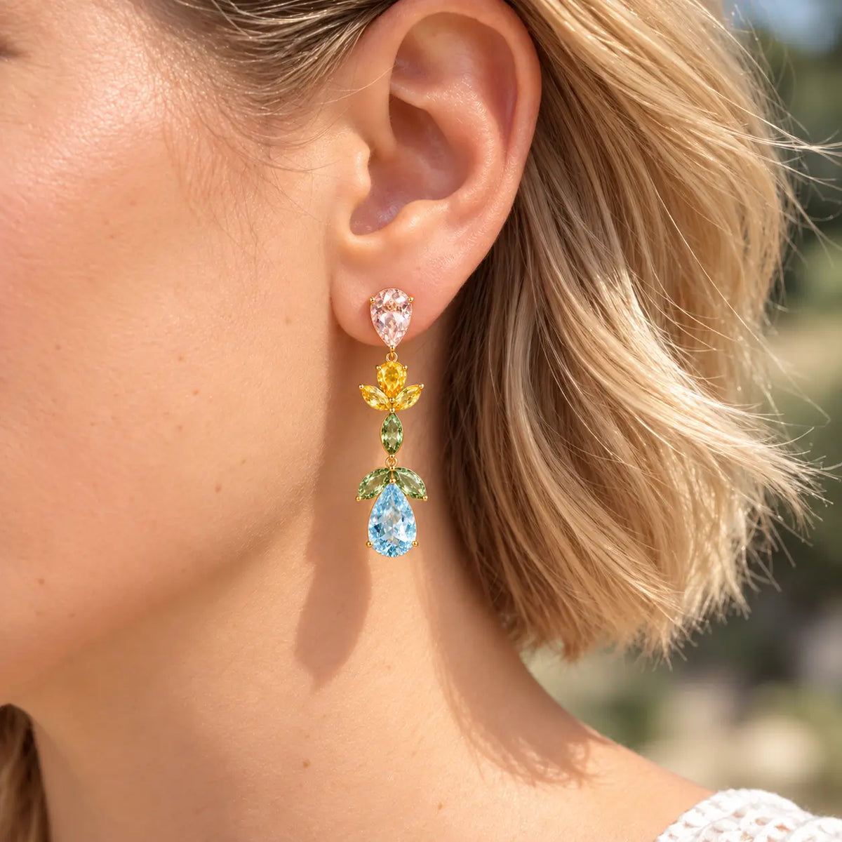 14k solid yellow gold Garden Melody 13.26 ctw Natural Aquamarine, Morganite & Sapphire Drop Earrings (One-of-a-Kind)