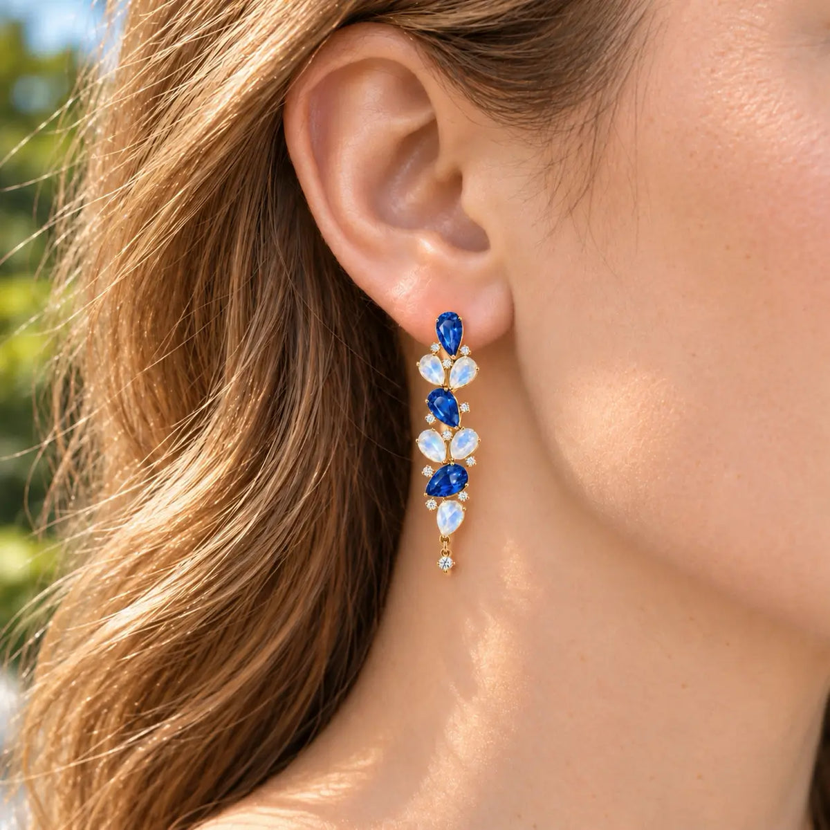 Nina Zhou x Kai Enchanted Grove 9.24 ctw Natural Sapphire, Moonstone & Diamond Drop Earrings (One-of-a-Kind)