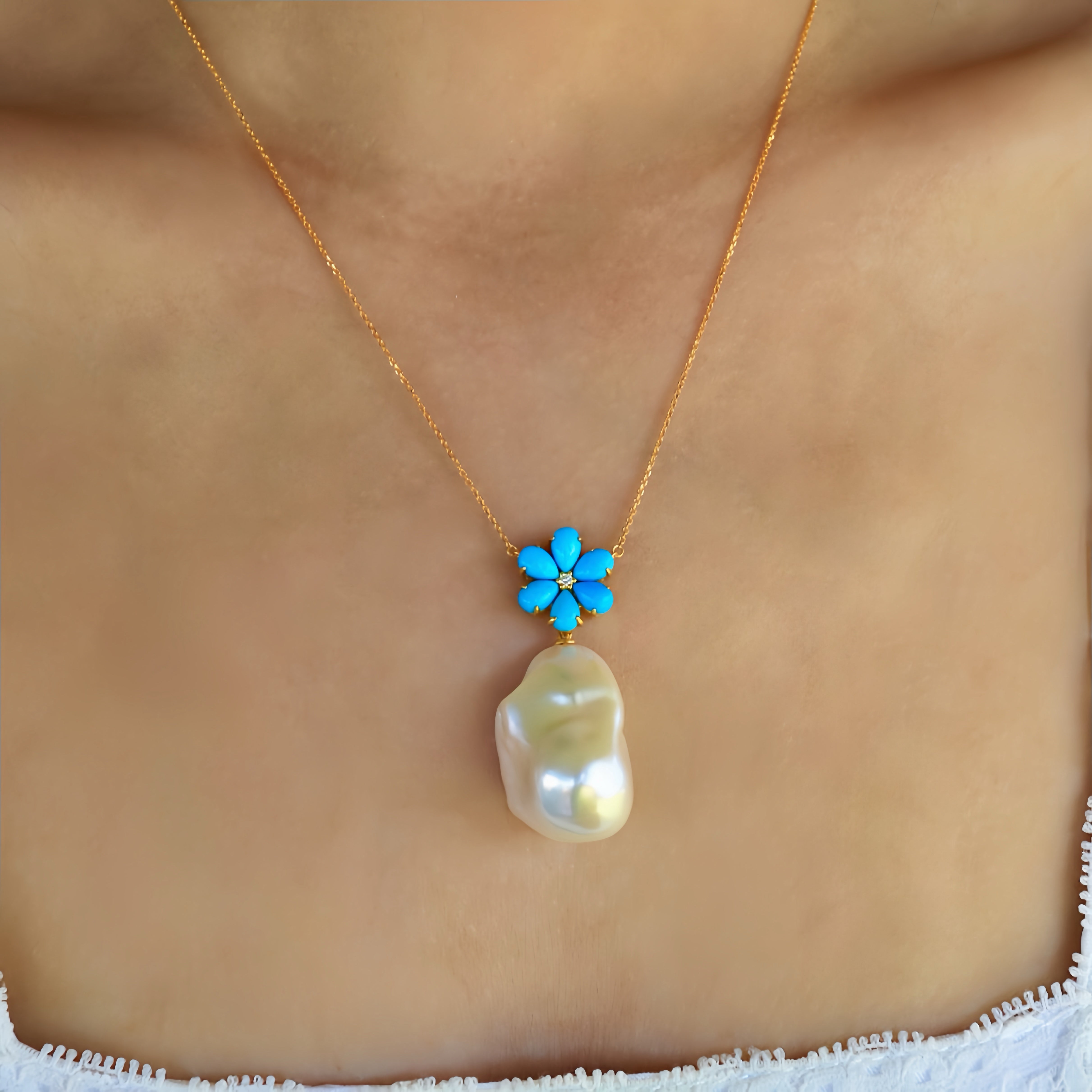 Flora Blossom Turquoise Diamond Baroque pearl Convertible Necklace