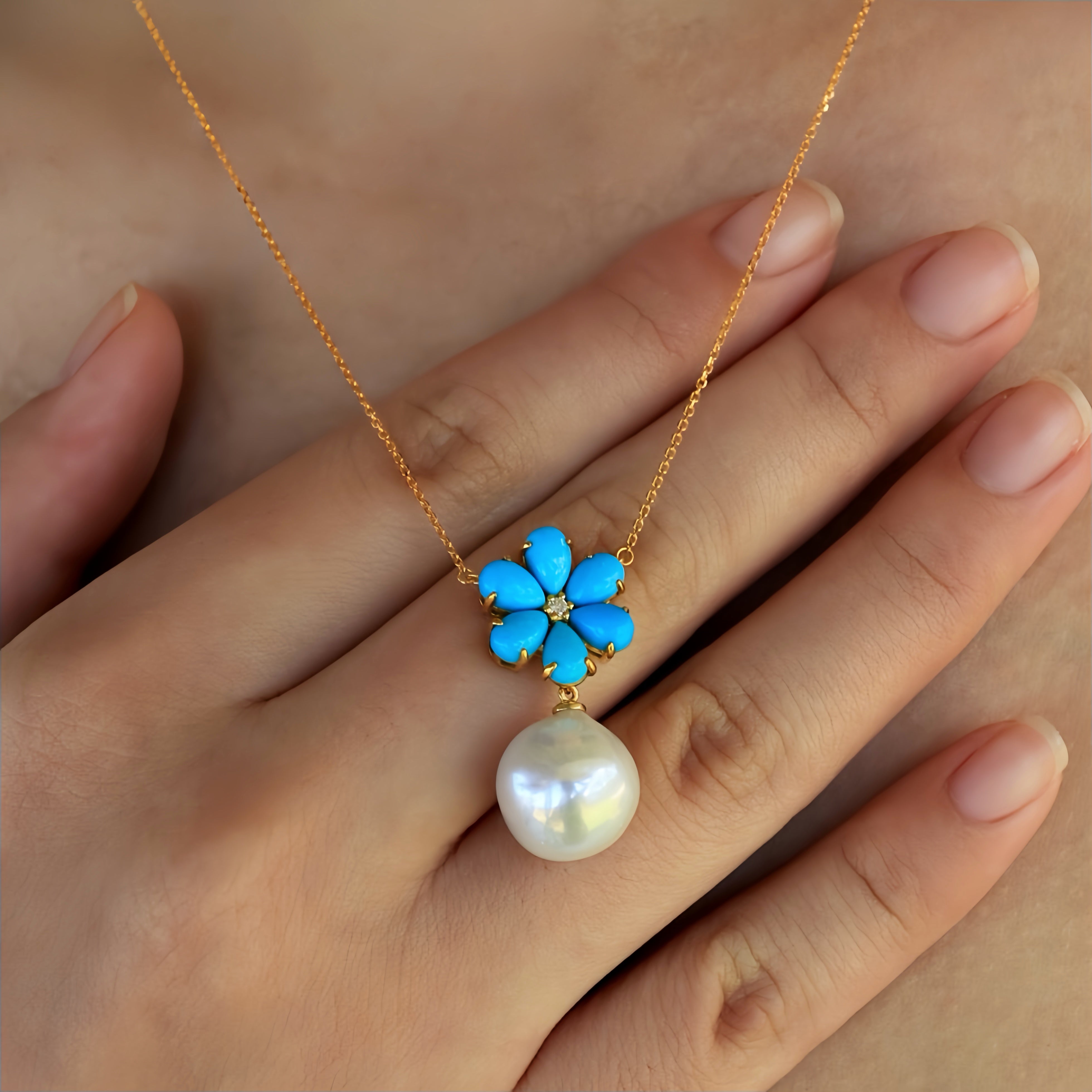 Flora Blossom Turquoise Diamond Pearl Convertible Necklace