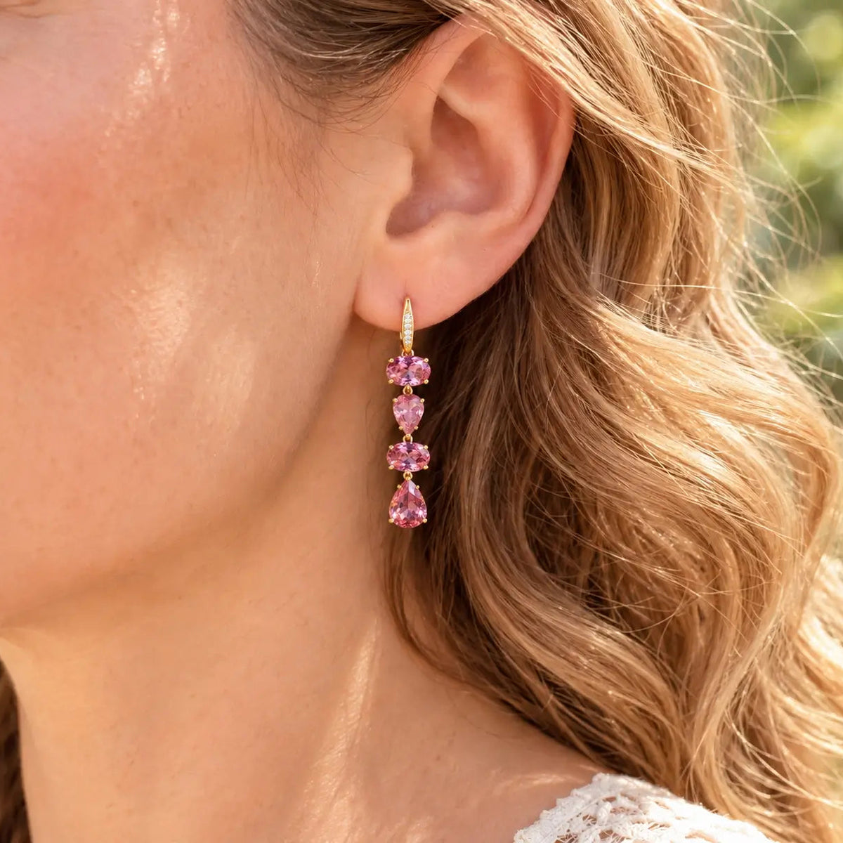 14k yellow gold Garden Melody 8.43 ctw Natural Rose Tourmaline & Diamond Drop Earrings (One-of-a-Kind)
