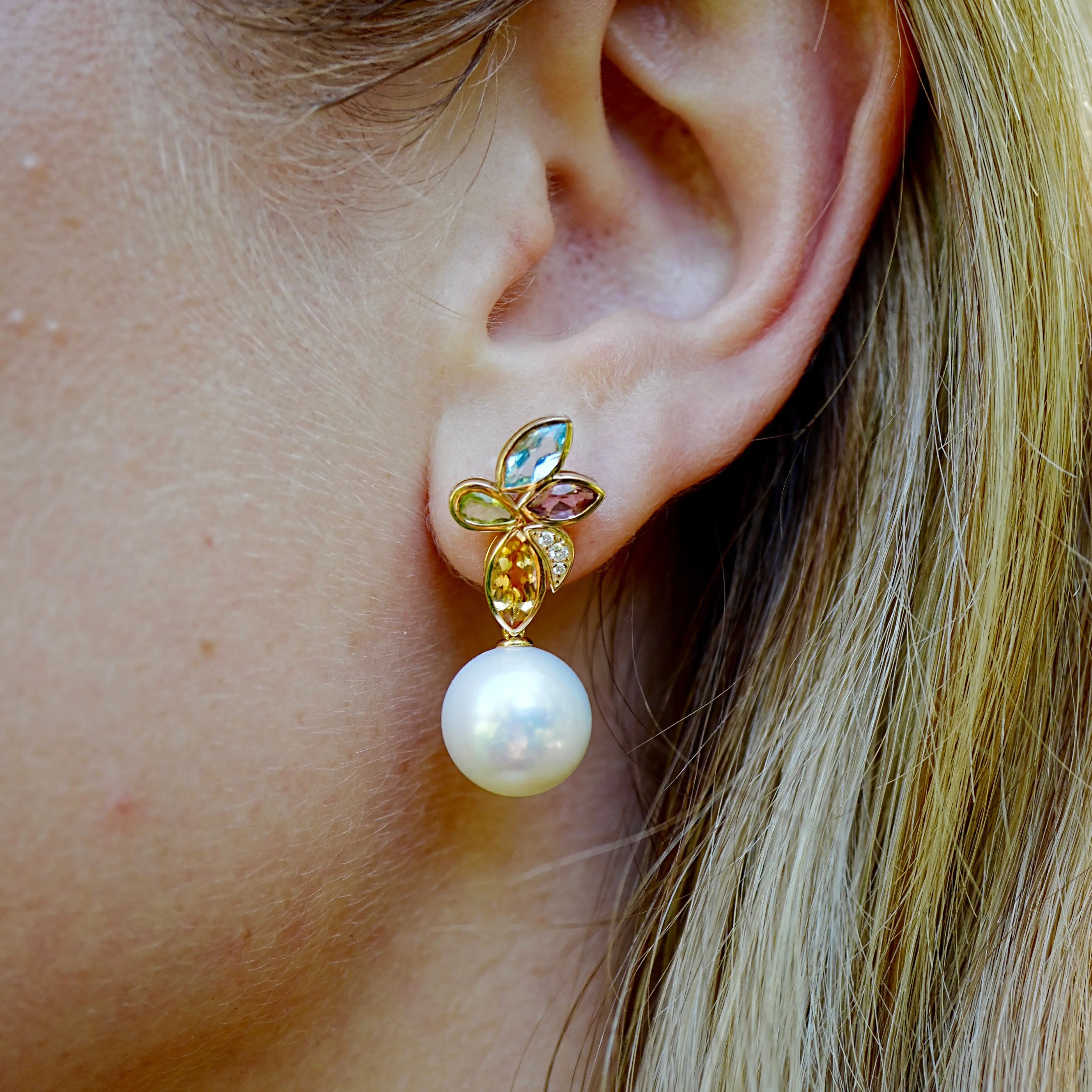 Tropical Flower Multi Natural Gemstone Diamond Cultured Pearl Convertible Drop Earrings 14k yellow gold