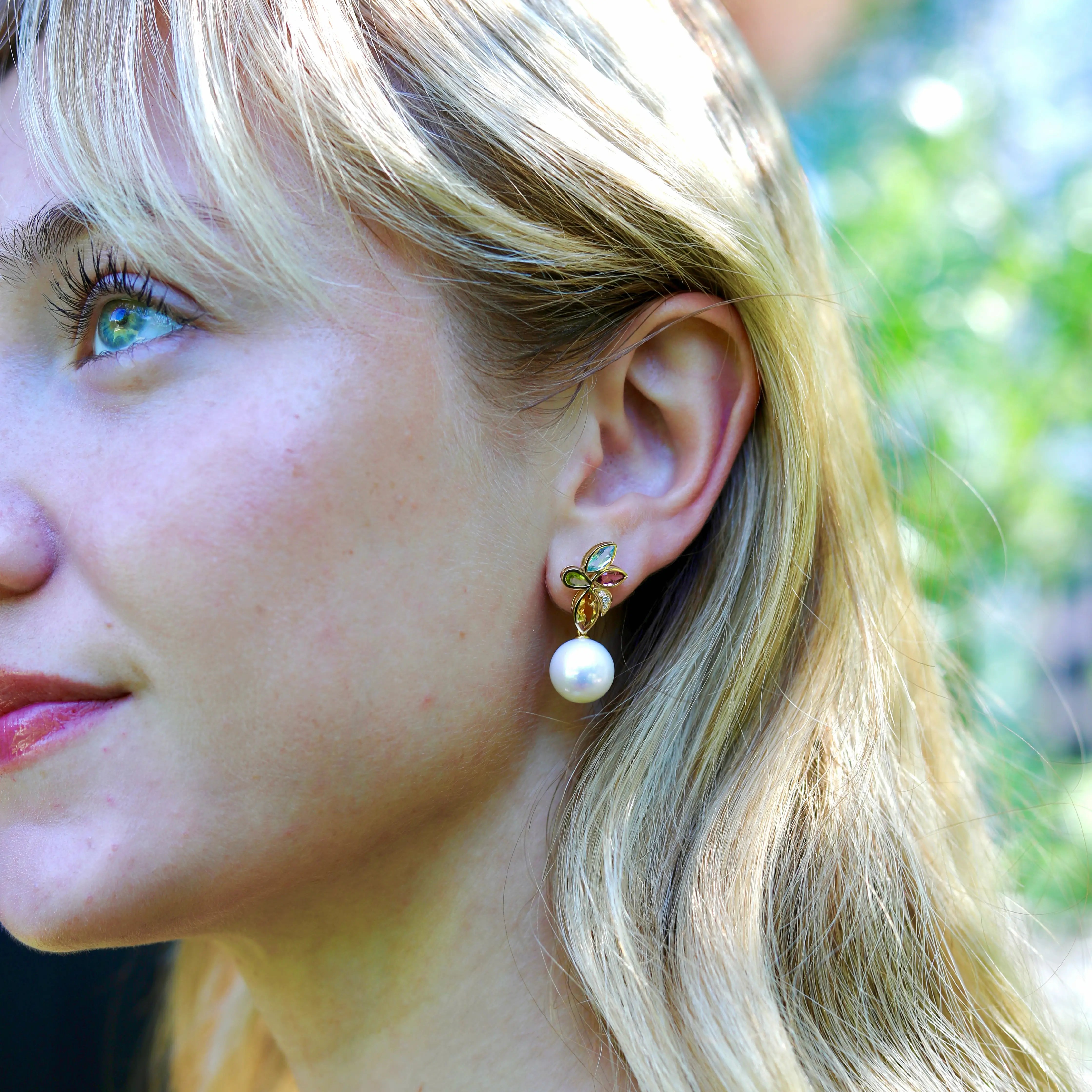 Tropical Flower Multi Natural Gemstone Diamond Cultured Pearl Convertible Drop Earrings 14k yellow gold