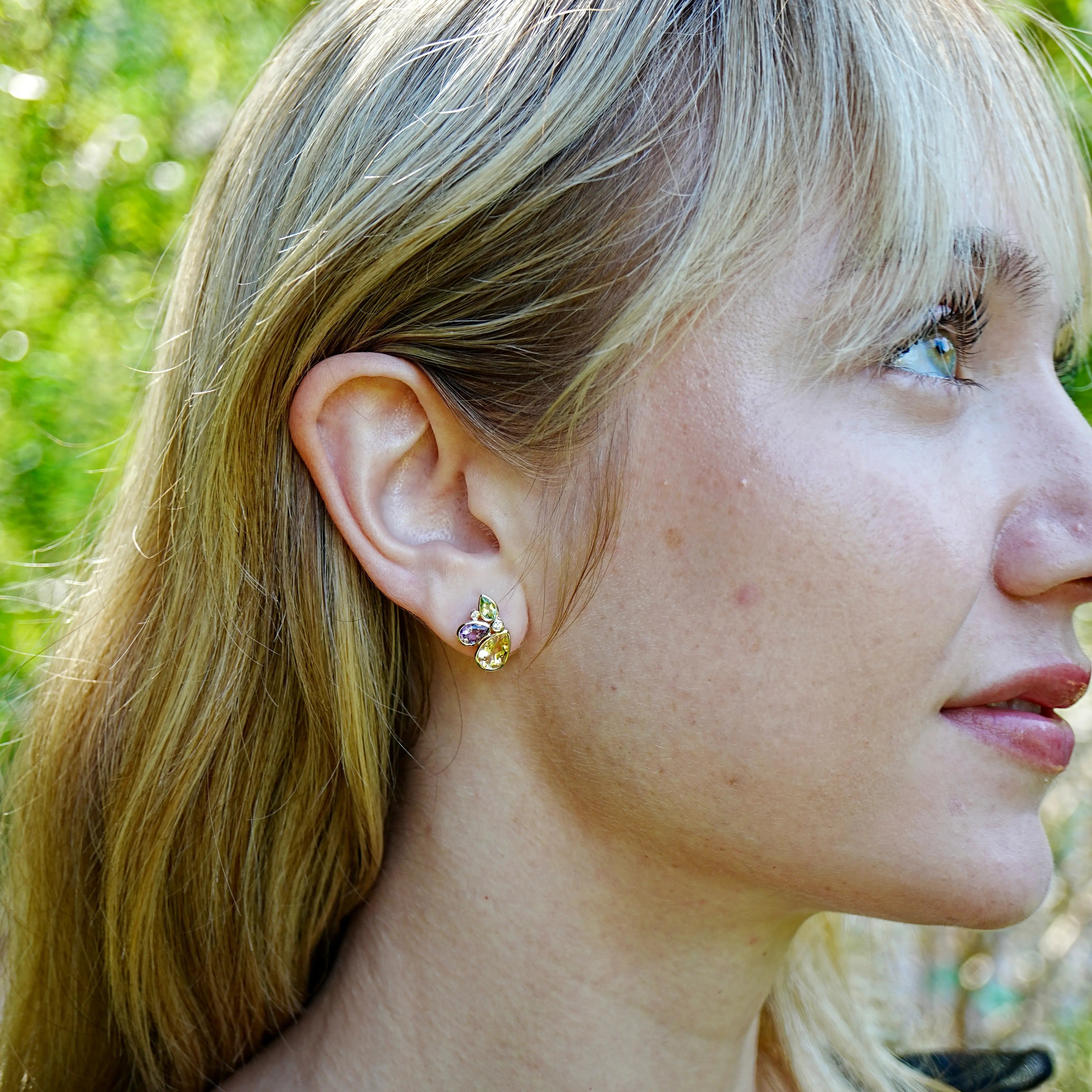 Tropical Butterfly Multi Natural Gemstone Diamond Earrings 14k yellow gold