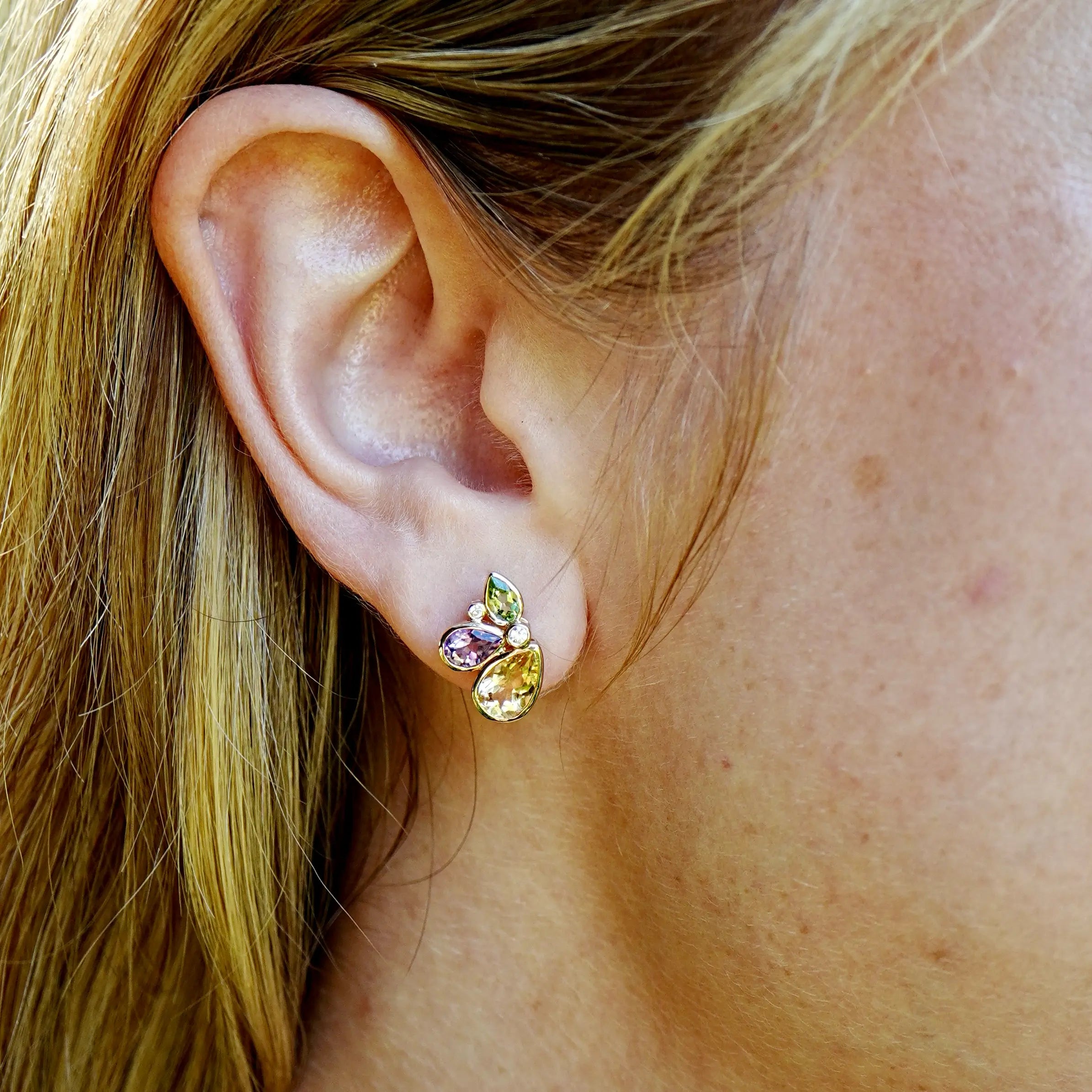 Tropical Butterfly Multi Natural Gemstone Diamond Earrings 14k yellow gold
