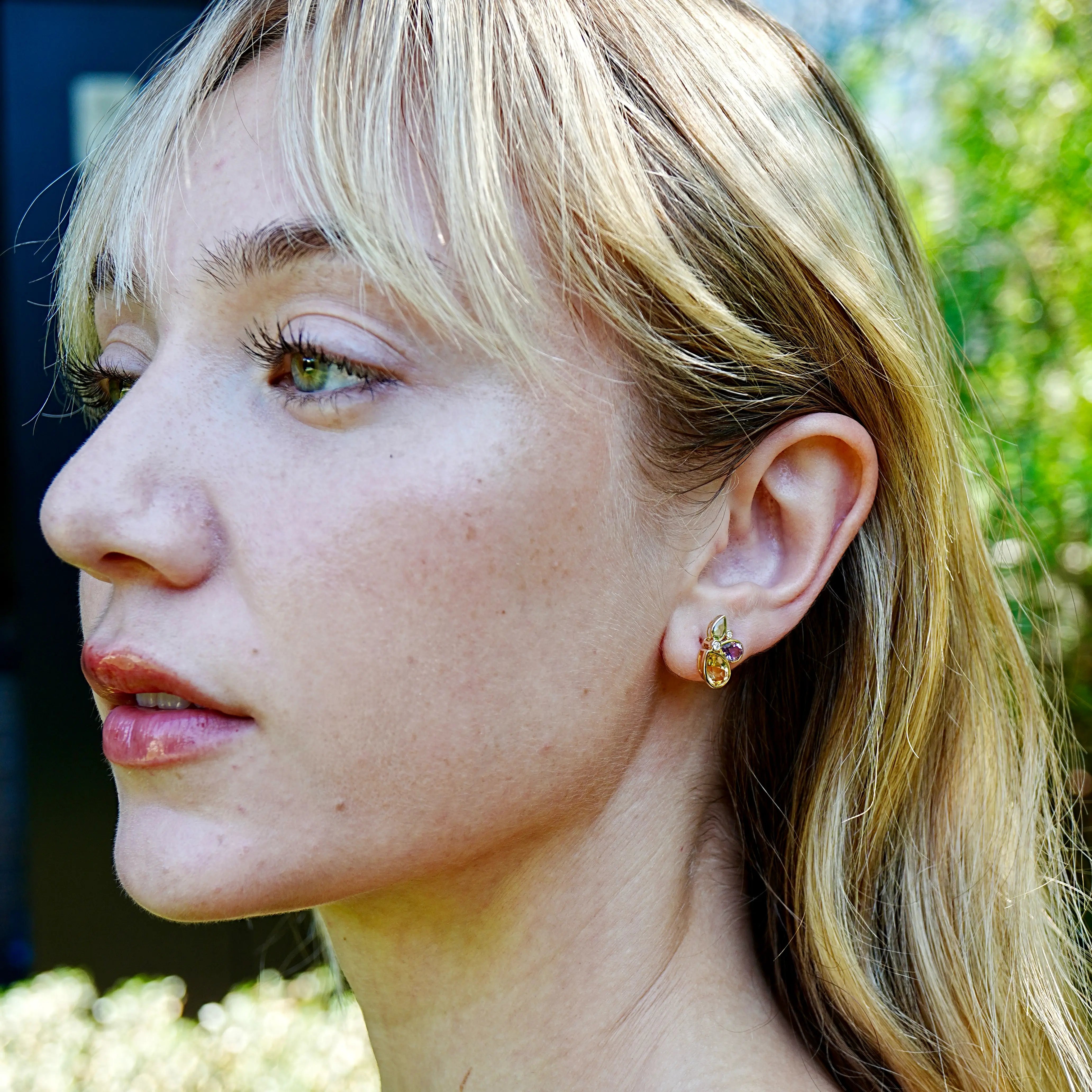 Tropical Butterfly Multi Natural Gemstone Diamond Earrings 14k yellow gold