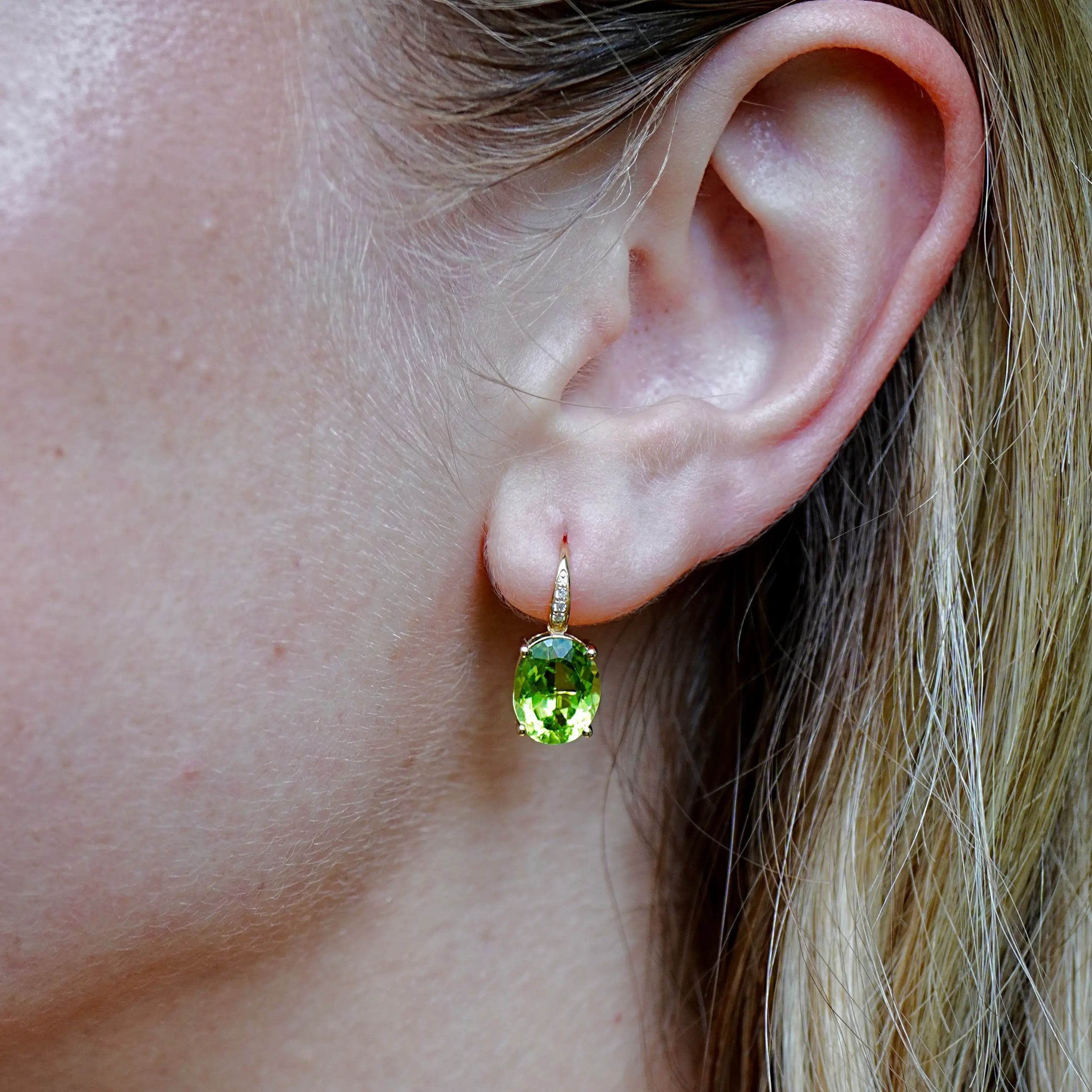 Radiant Oval Natural Peridot Diamond Drop Earrings 14k yellow gold