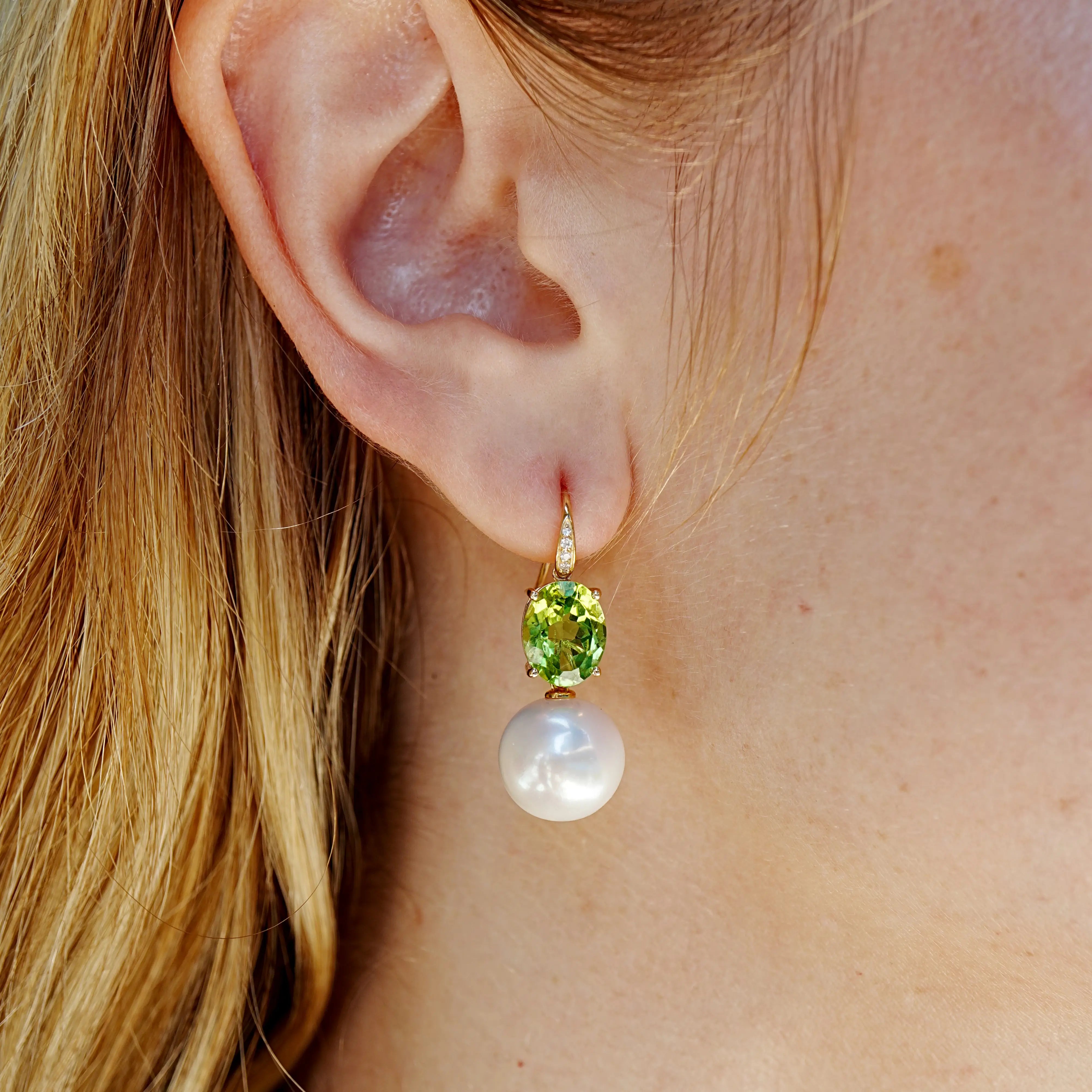 Radiant Oval Peridot Diamond Pearl Convertible Drop Earrings