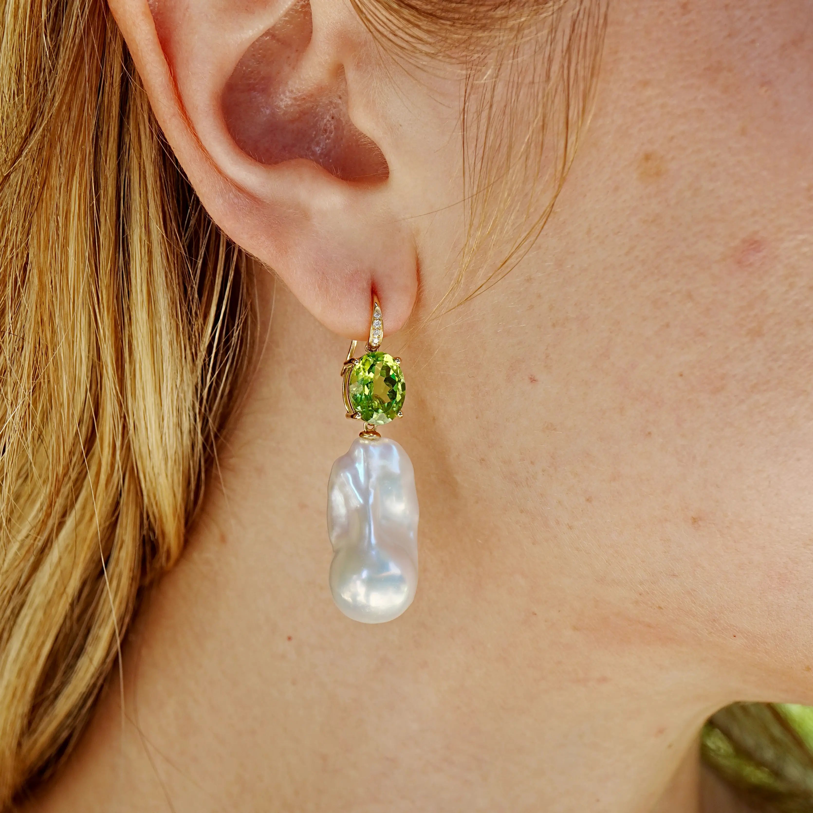 Radiant Oval Natural Peridot Diamond Baroque Pearl Convertible Drop Earrings 14k yellow gold