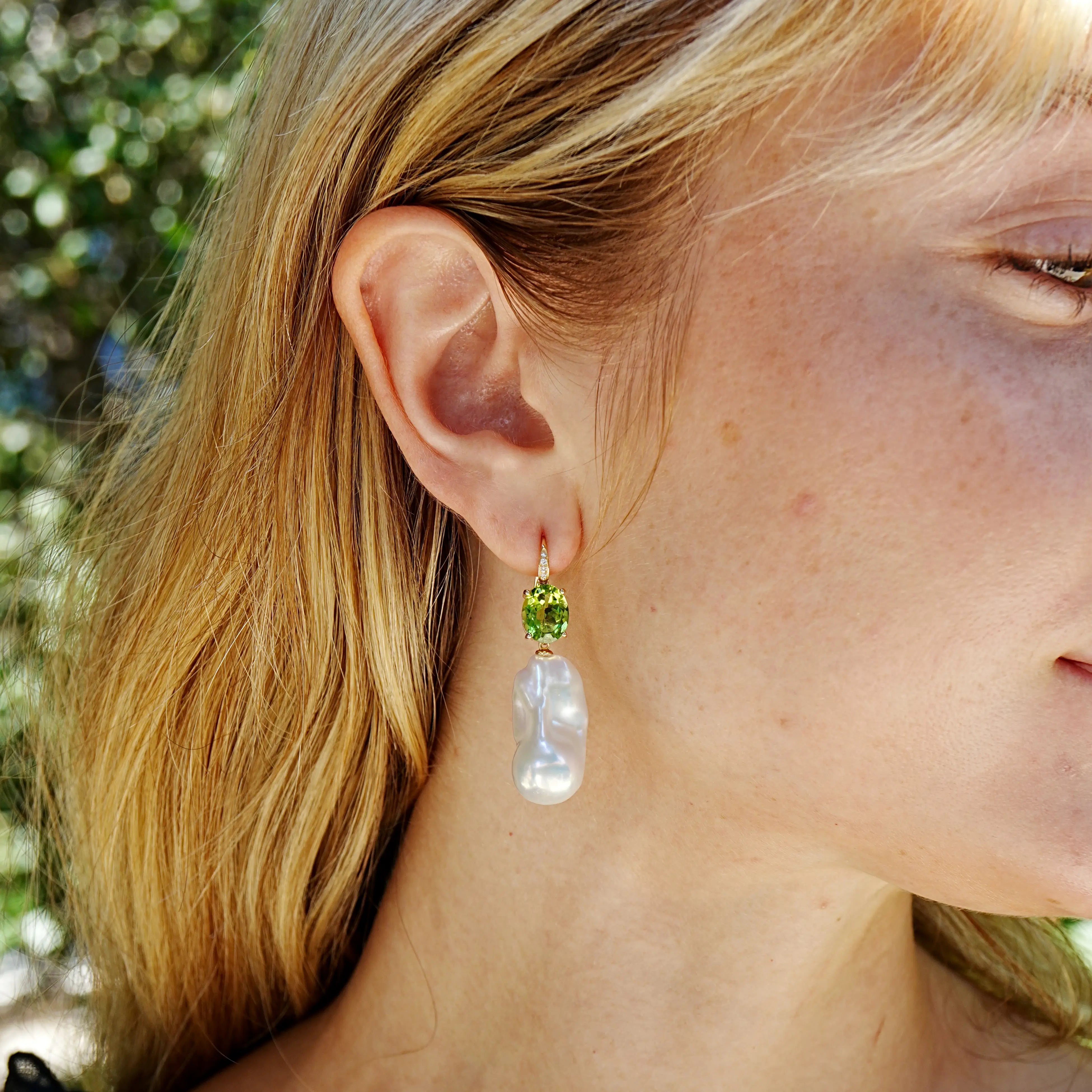 Radiant Oval Natural Peridot Diamond Baroque Pearl Convertible Drop Earrings 14k yellow gold