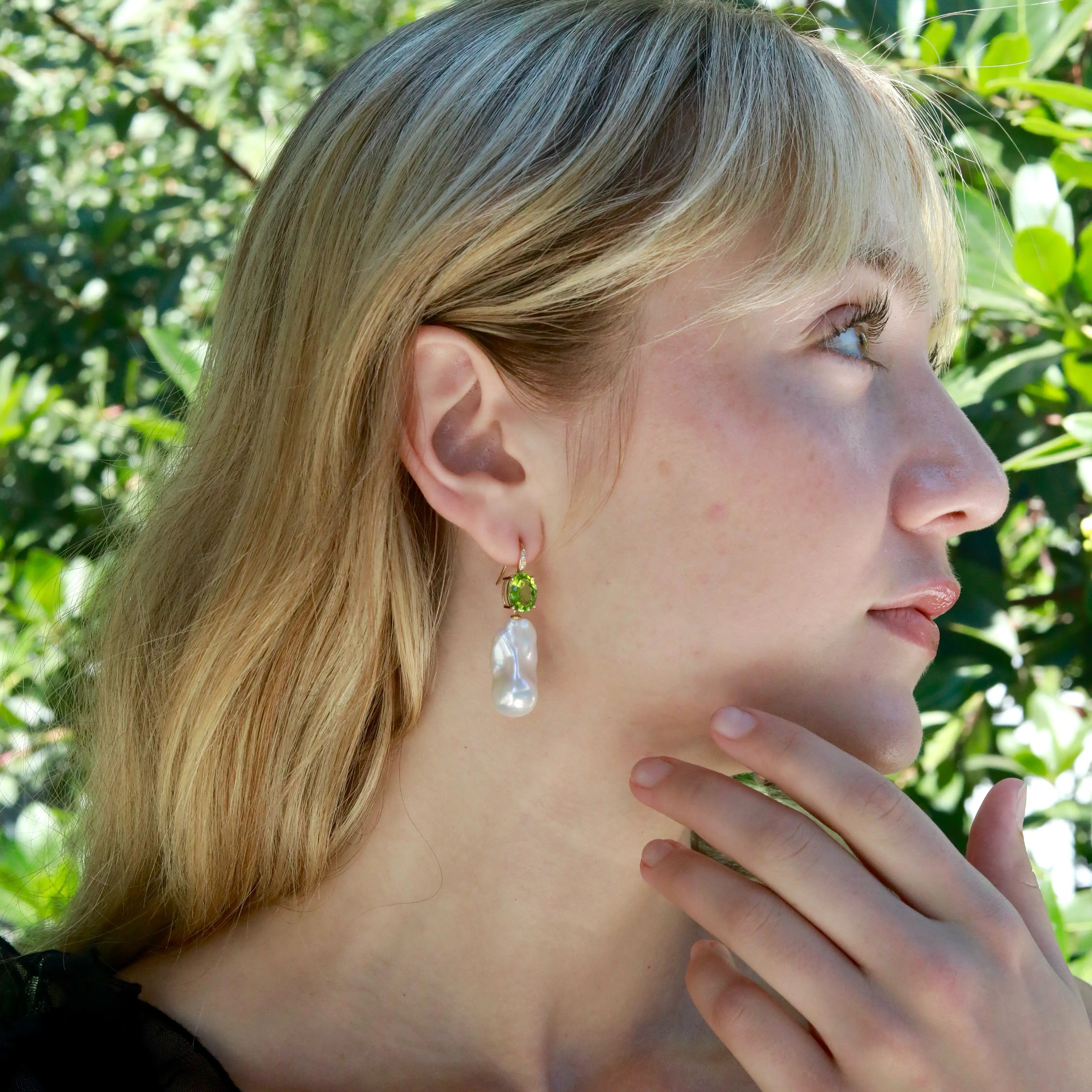 Radiant Oval Natural Peridot Diamond Baroque Pearl Convertible Drop Earrings 14k yellow gold