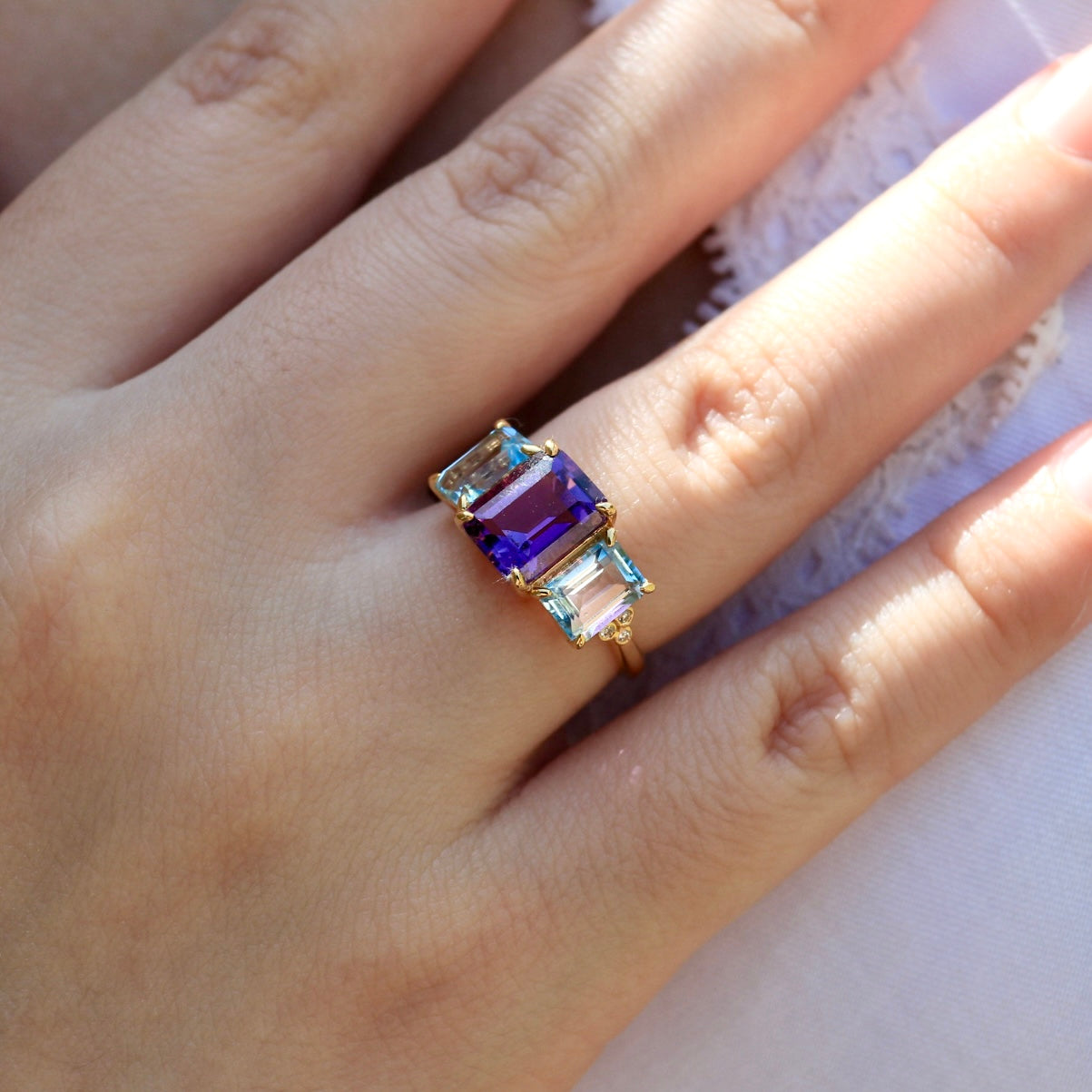 Fortune Amethyst Topaz Diamond Three-Stone Ring