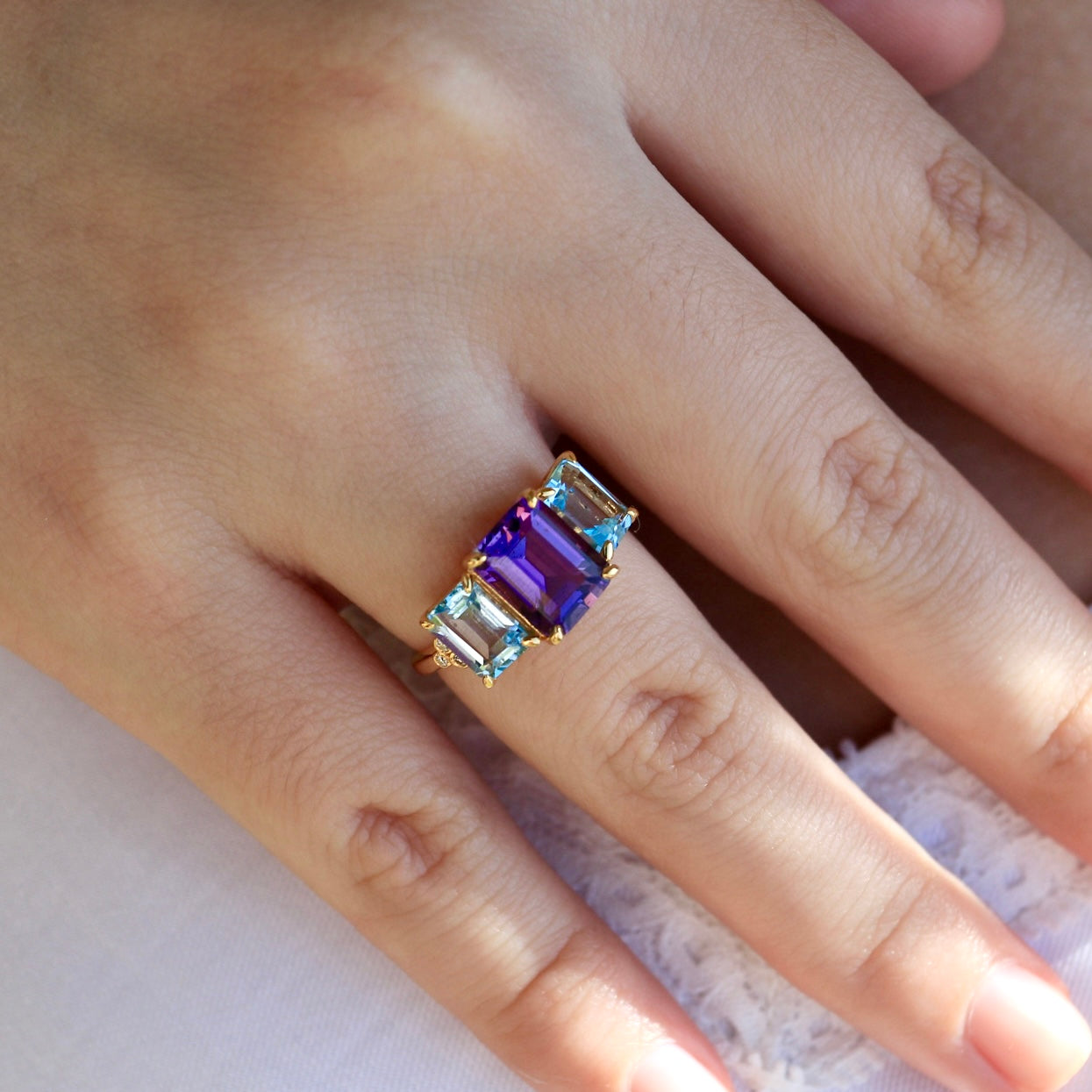Fortune Amethyst Topaz Diamond Three-Stone Ring