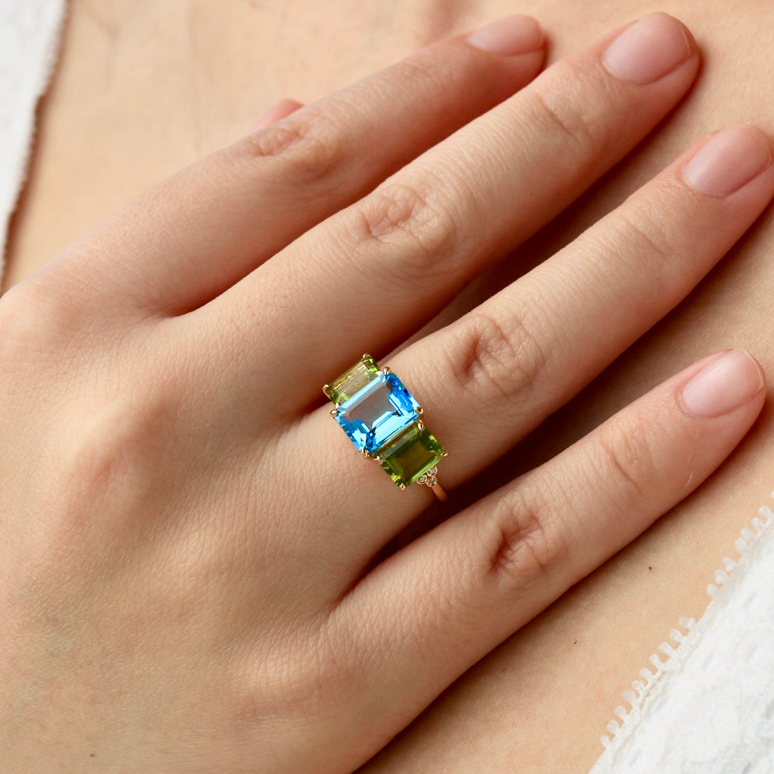 Fortune Topaz Peridot Diamond Three-Stone Ring