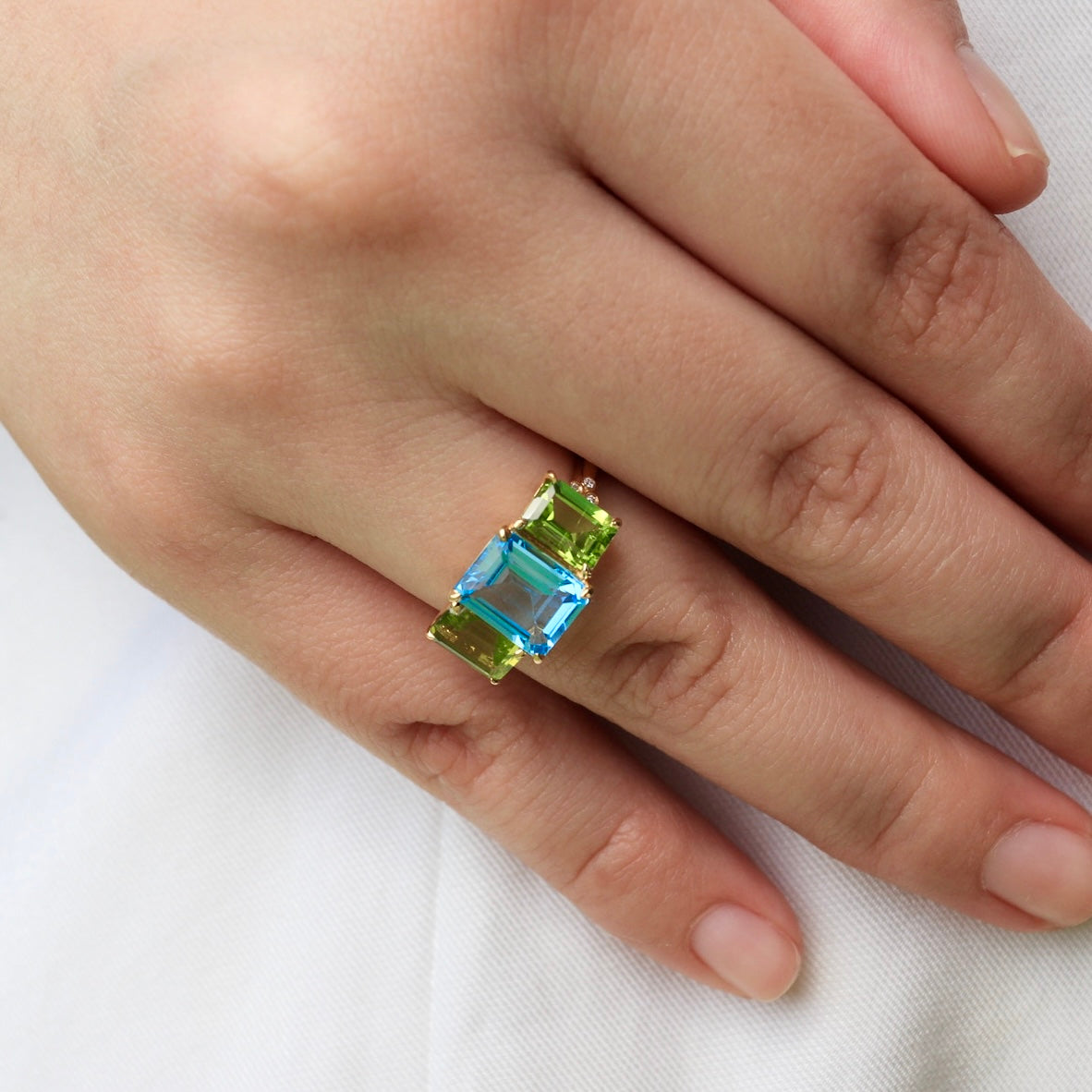 Fortune Topaz Peridot Diamond Three-Stone Ring