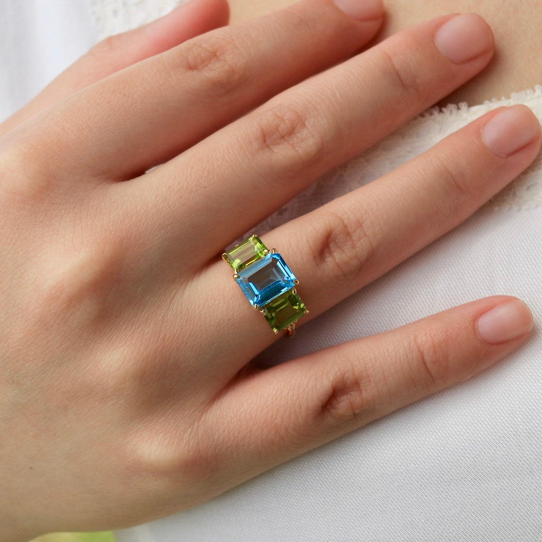 Fortune Topaz Peridot Diamond Three-Stone Ring
