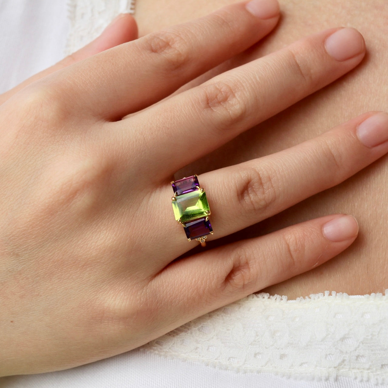 Fortune Peridot Amethyst Diamond Three-Stone Ring