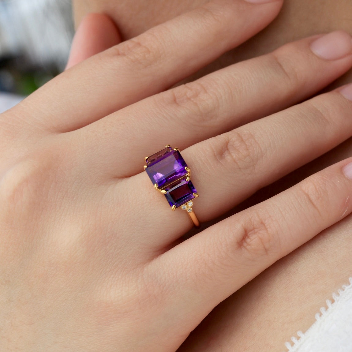 Fortune Amethyst Diamond Three-Stone Ring