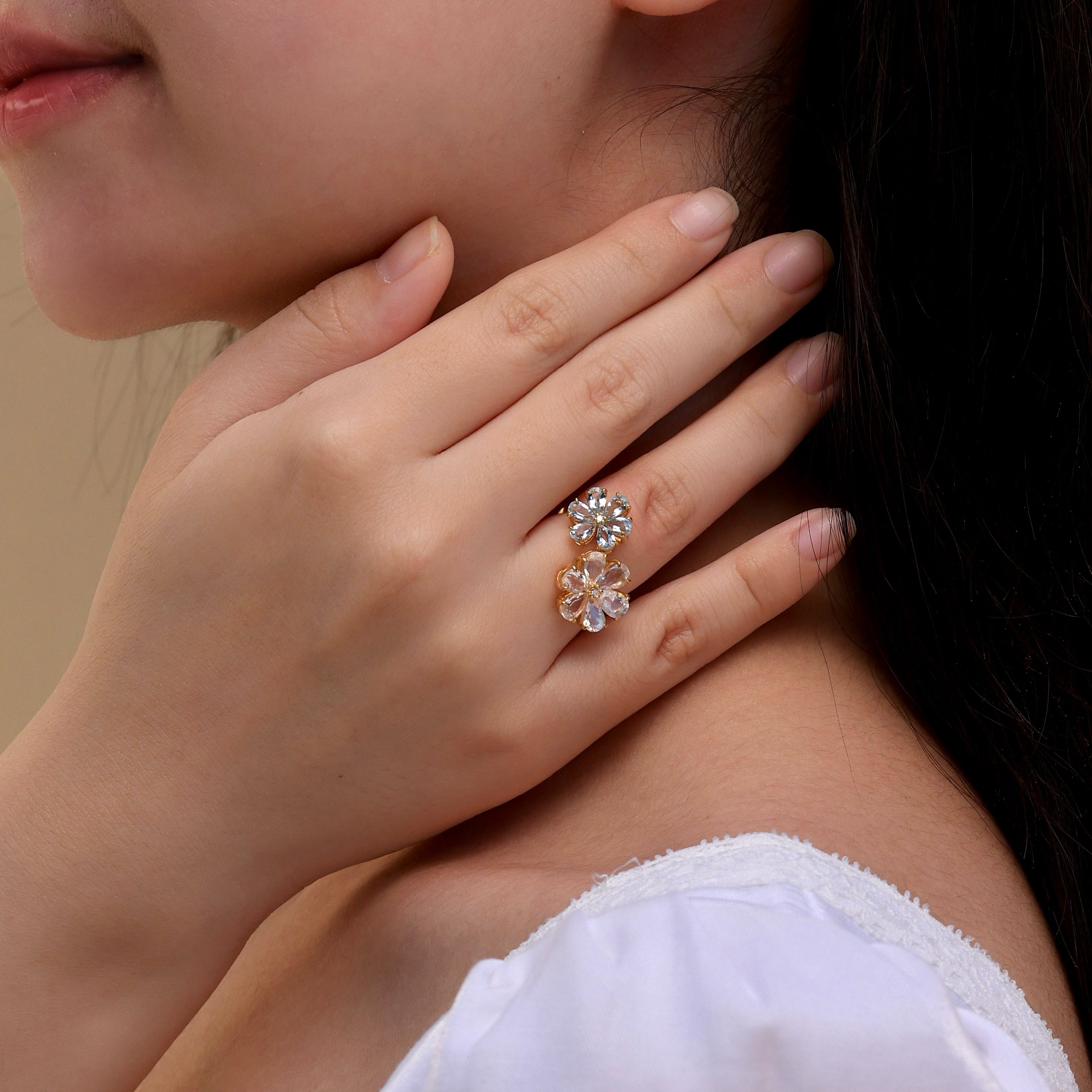 Flora Blossom Moonstone and Aquamarine Diamond Cocktail Ring