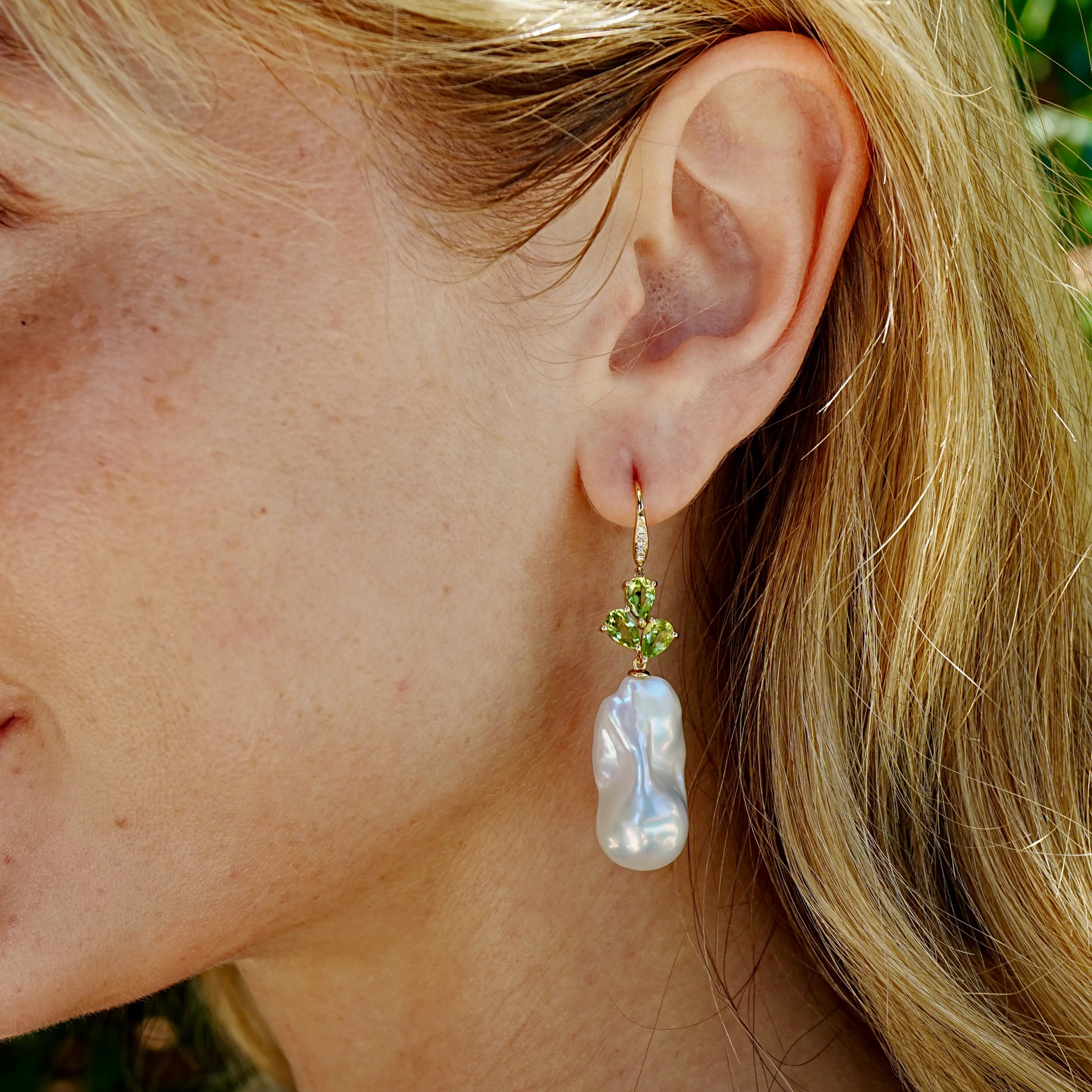 Allure Natural Peridot Diamond Broque Pearl Convertible Drop Earrings 14k yellow gold