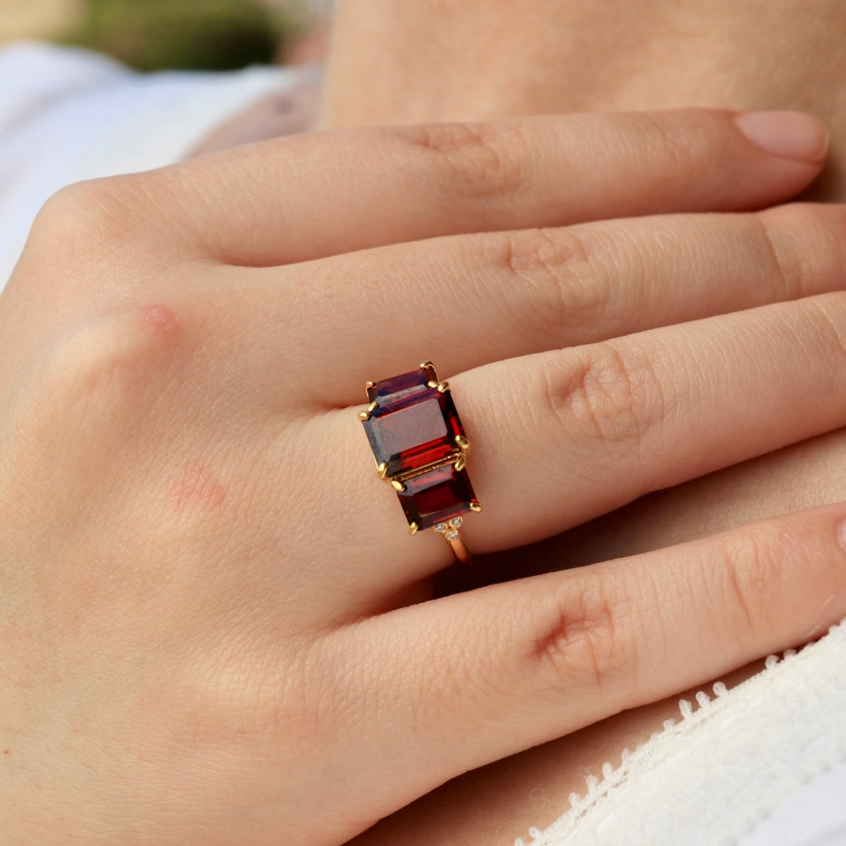 Fortune Garnet Diamond Three-Stone Ring