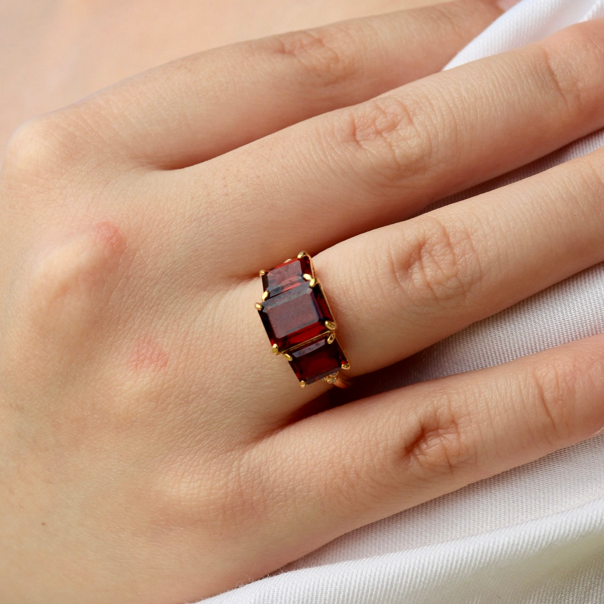 Fortune Garnet Diamond Three-Stone Ring