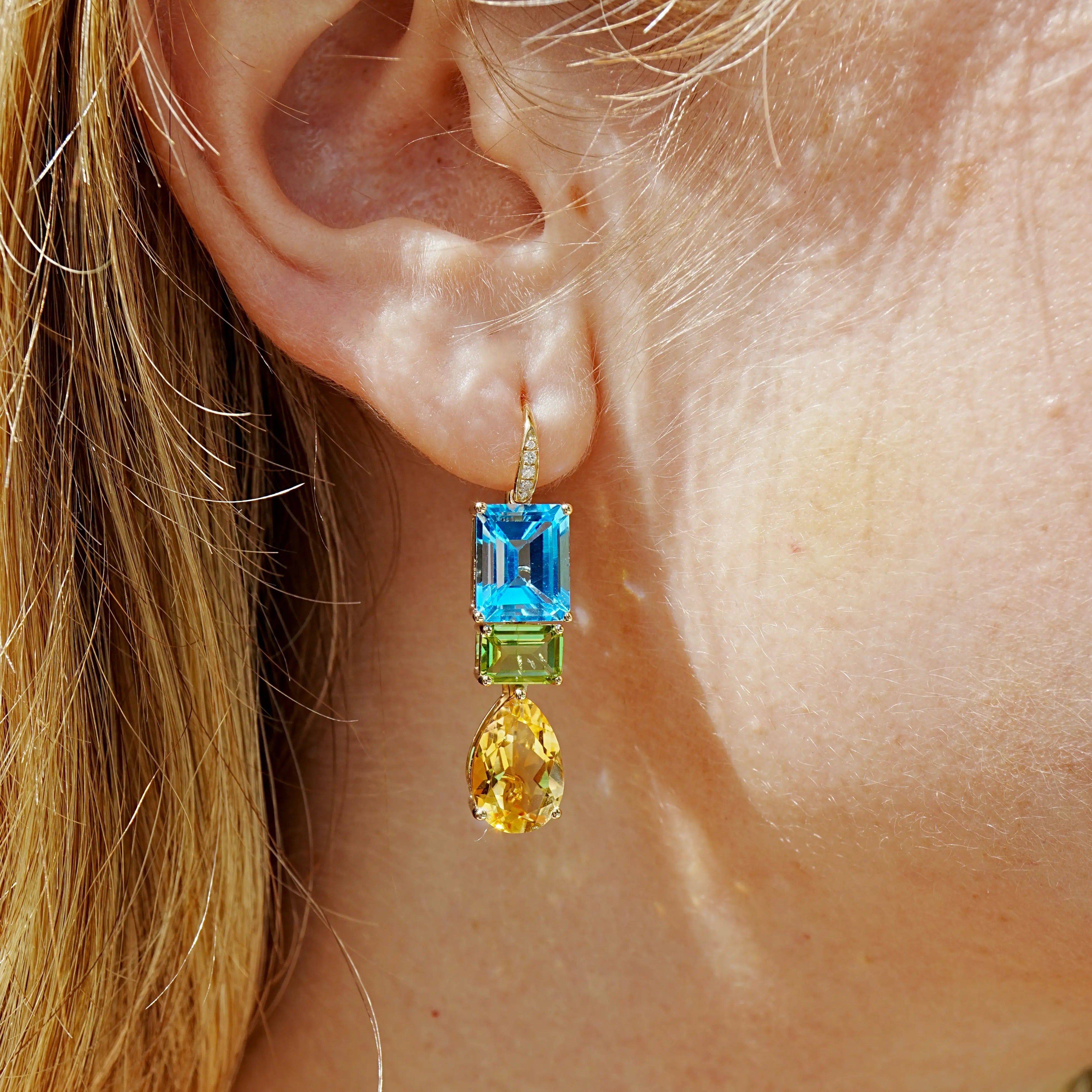 GemFusion Natural Topaz Peridot Cirtine Diamond Convertible Drop Earrings 14k yellow gold